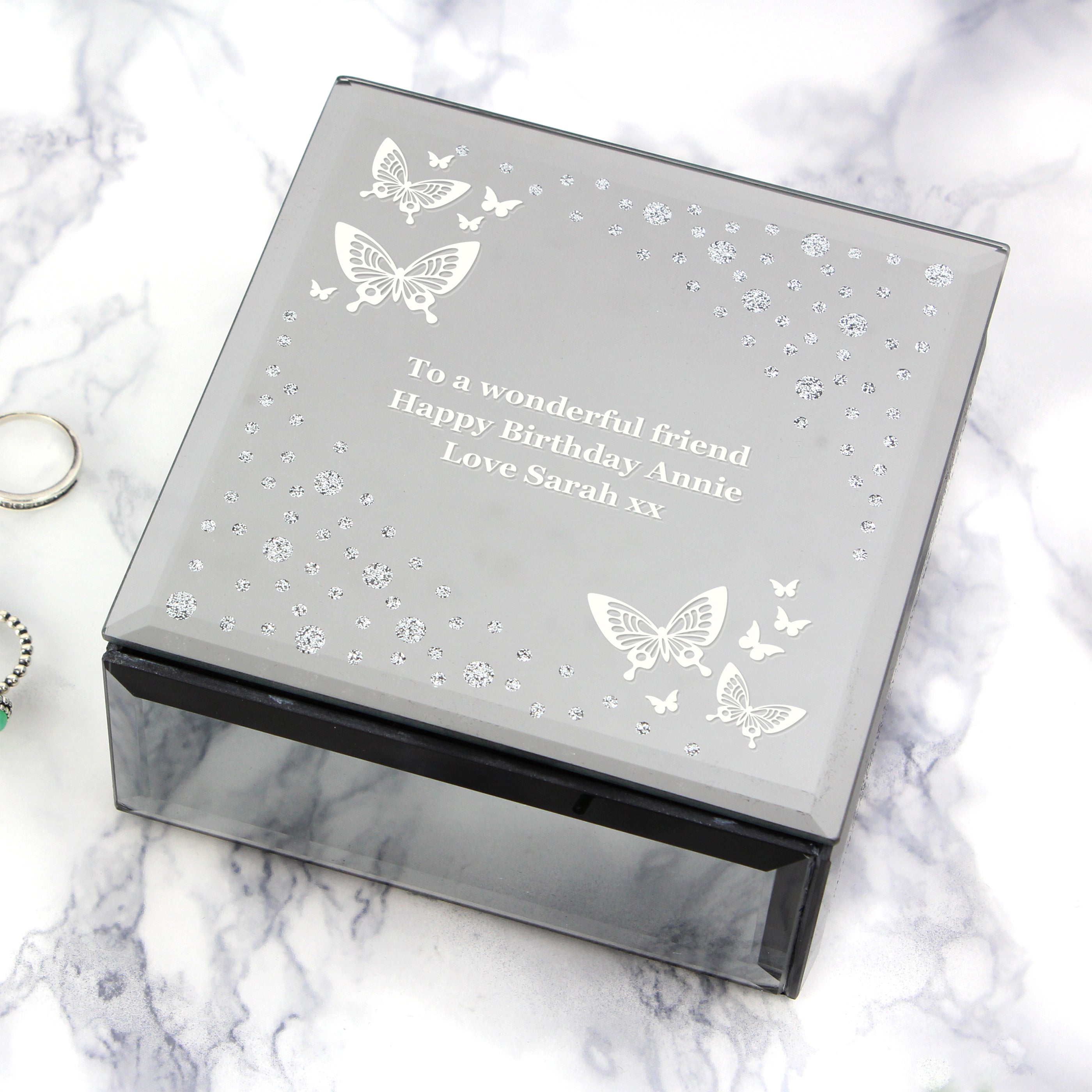 Personalised White Butterfly Diamante Glass Trinket Box from Heartfelt Gifts