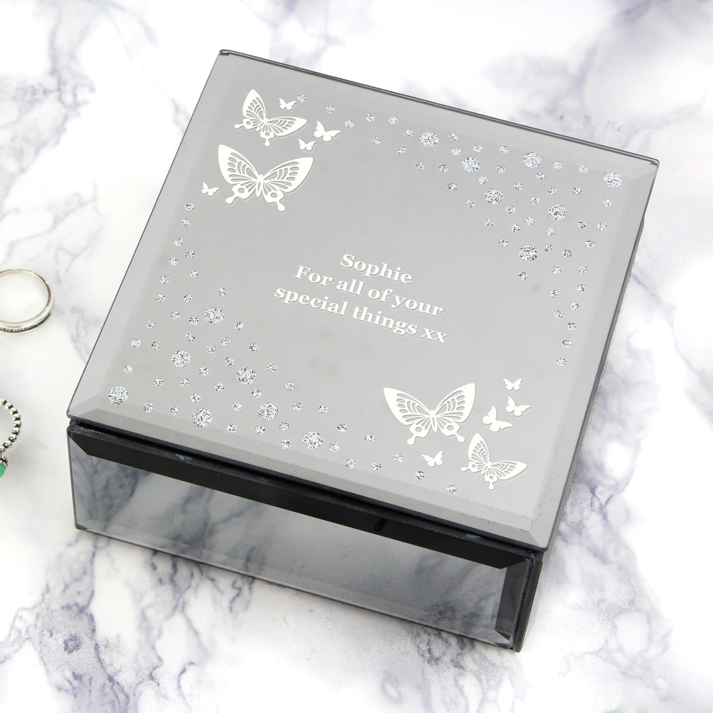 Personalised White Butterfly Diamante Glass Trinket Box - image 6
