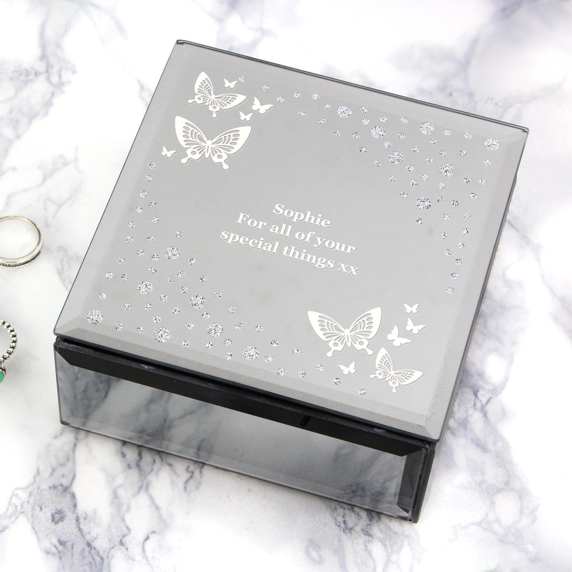 Personalised White Butterfly Diamante Glass Trinket Box - image 6