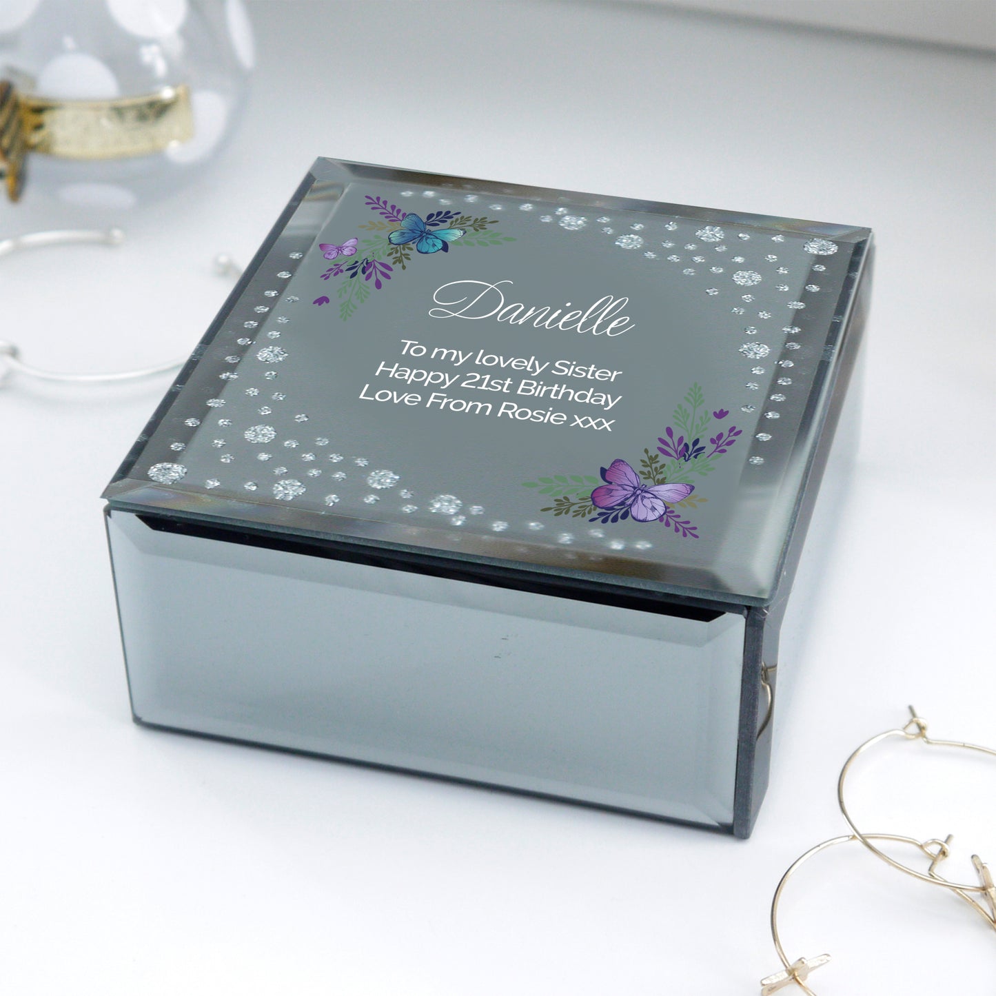 Personalised Floral Butterfly Diamante Glass Trinket Box from Heartfelt Gifts