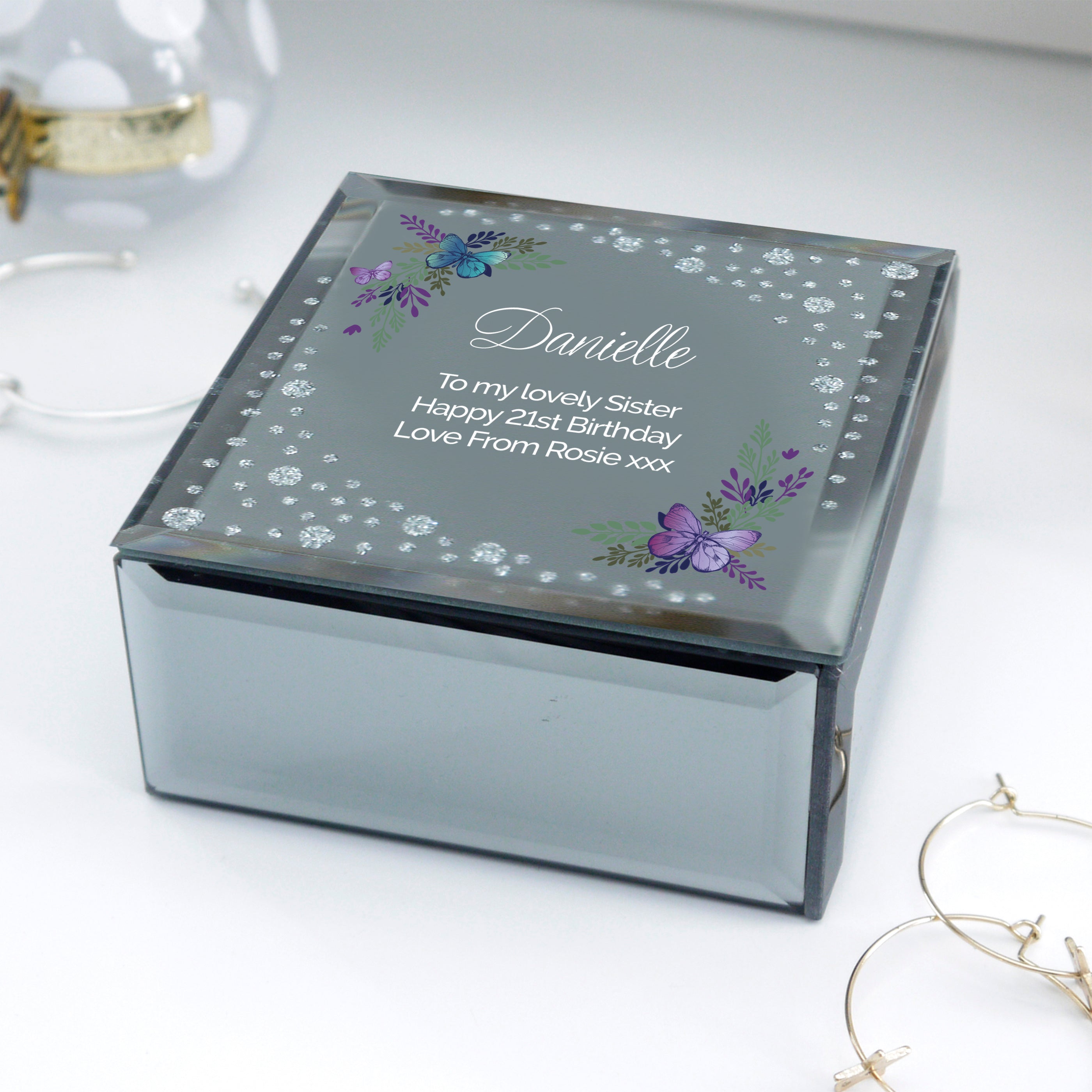 Personalised Floral Butterfly Diamante Glass Trinket Box from Heartfelt Gifts