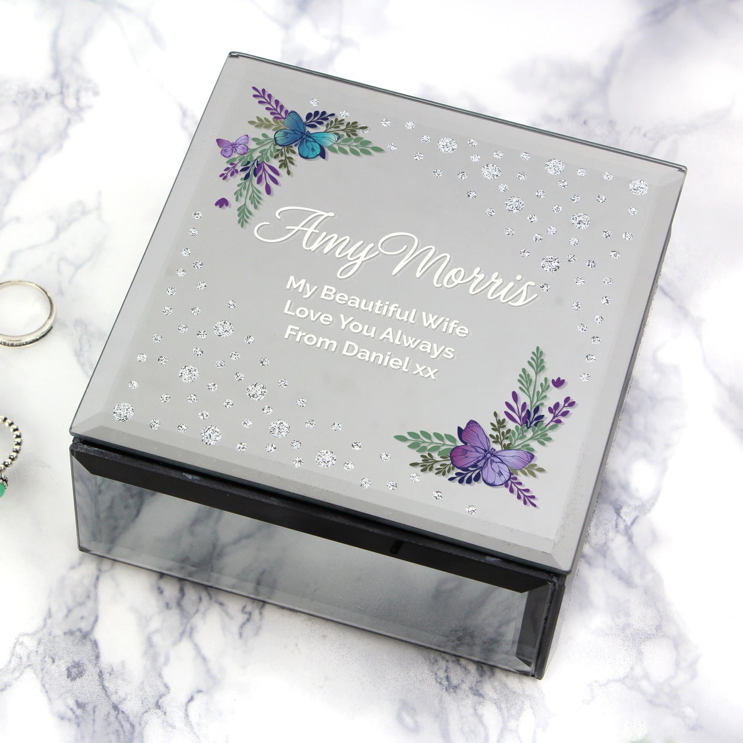 Personalised Floral Butterfly Diamante Glass Trinket Box - image 7