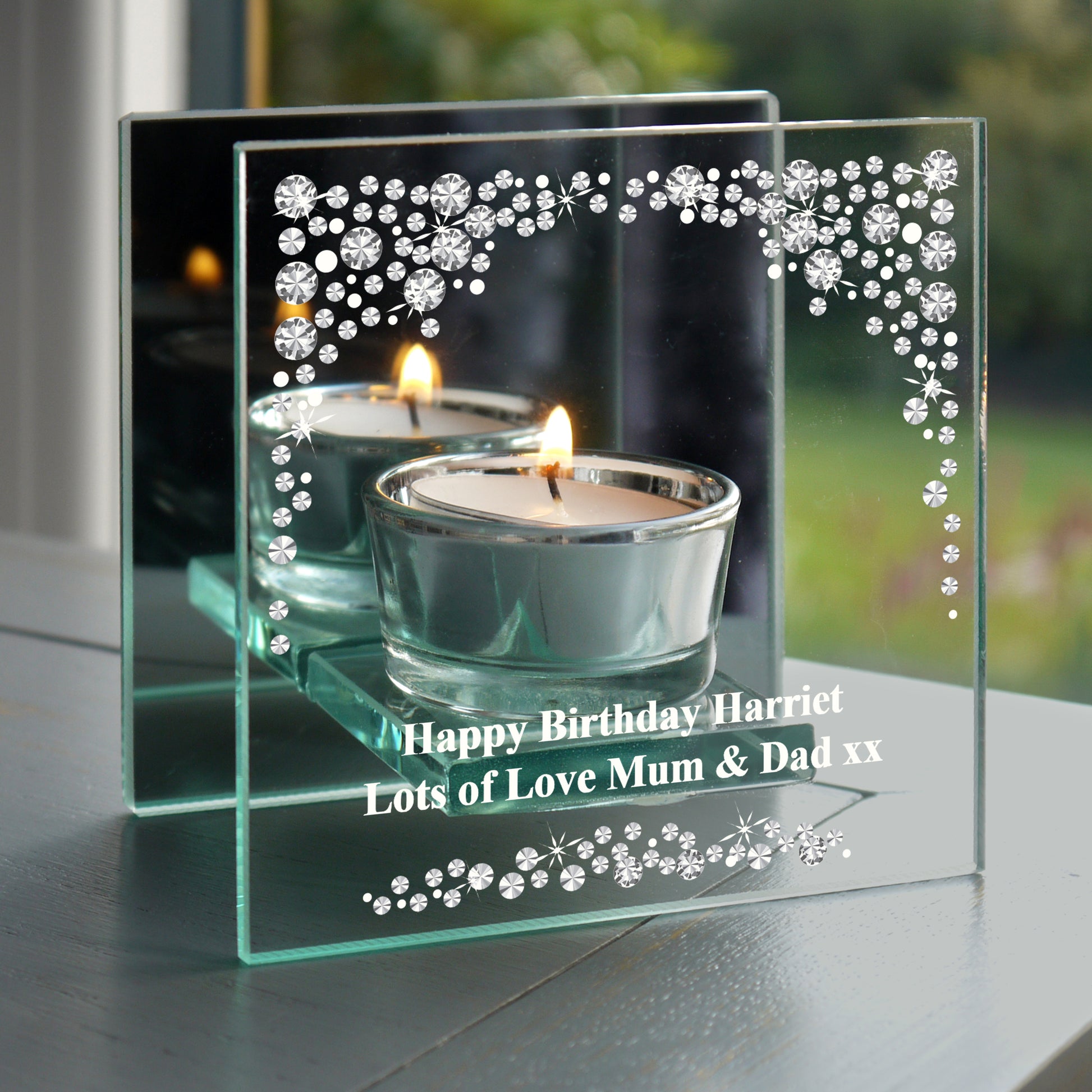 Personalised Diamante Effect Mirrored Glass Tea Light Candle Holder from Heartfelt Gifts