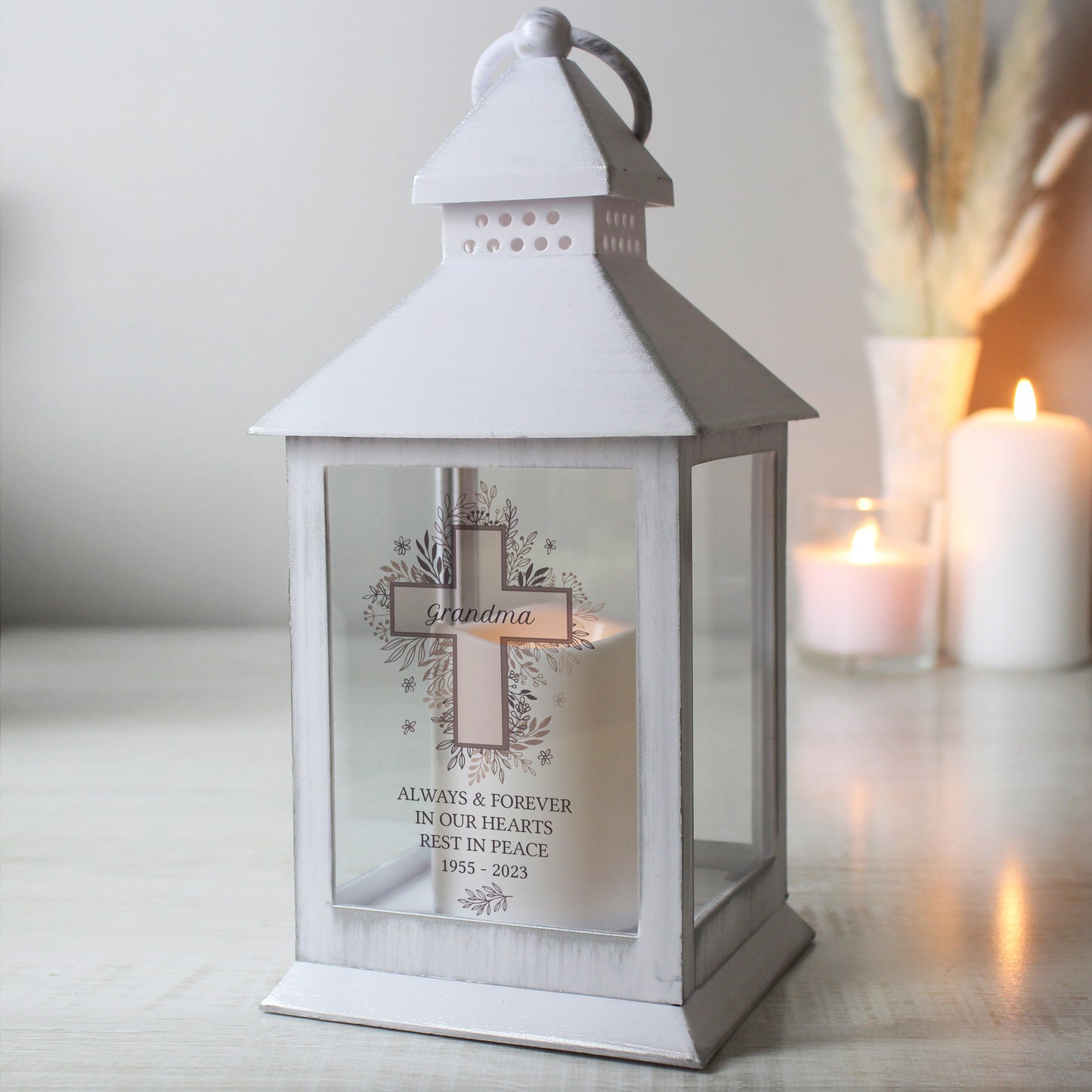 Personalised Floral Cross White Lantern from Heartfelt Gifts