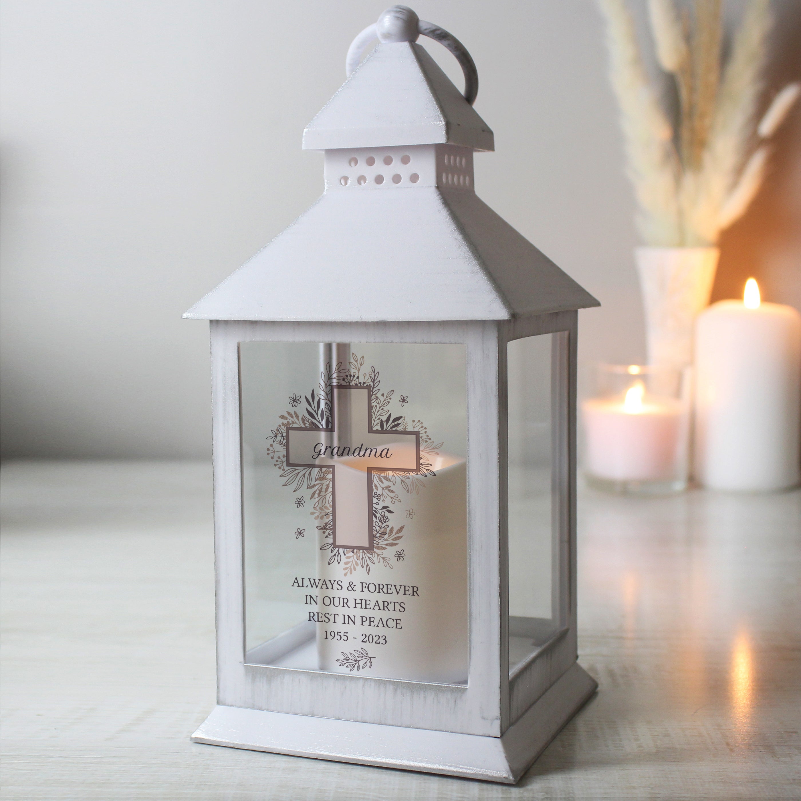Personalised Floral Cross White Lantern from Heartfelt Gifts