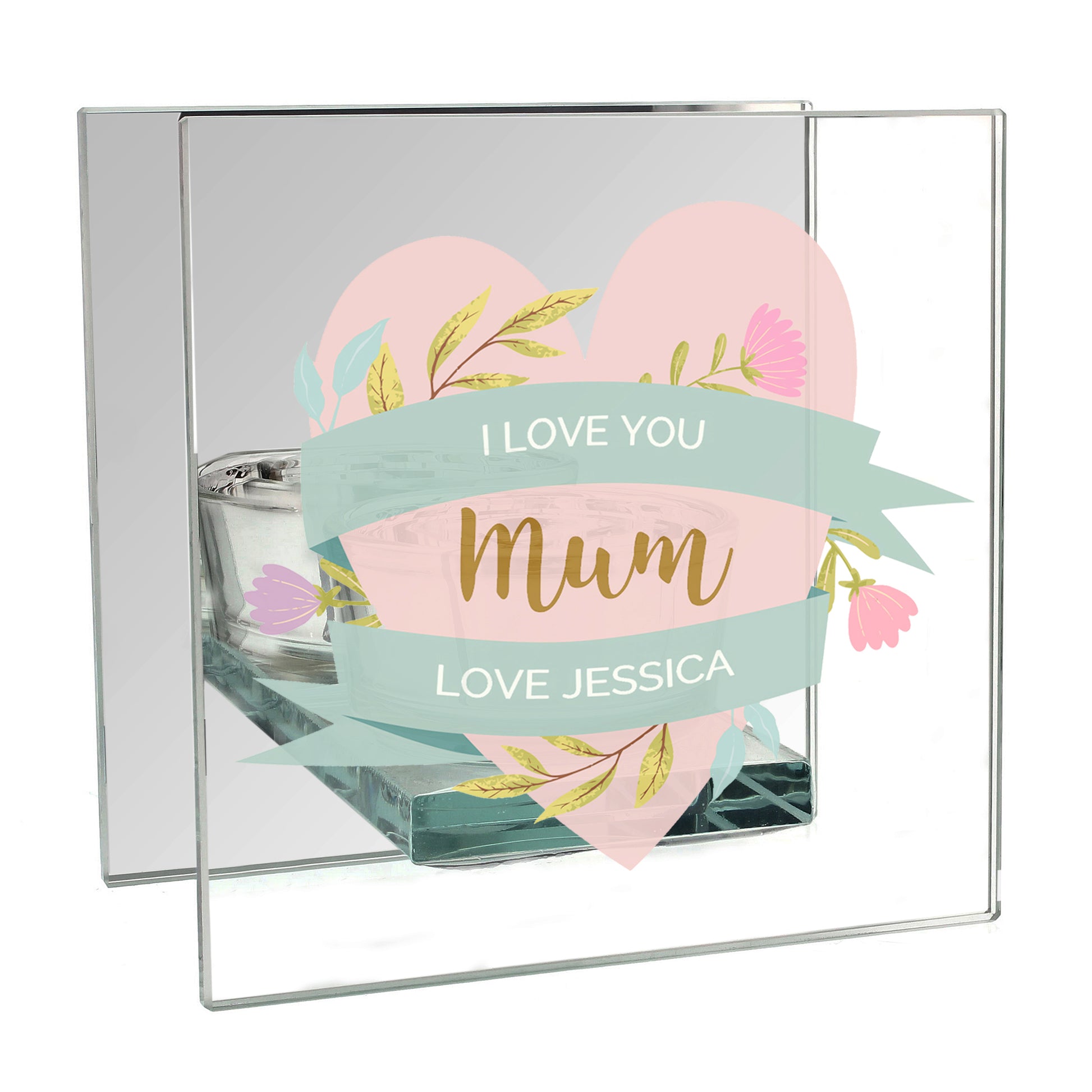 Personalised Floral Heart Mothers Day Mirrored Glass Tea Light Holder - image 2