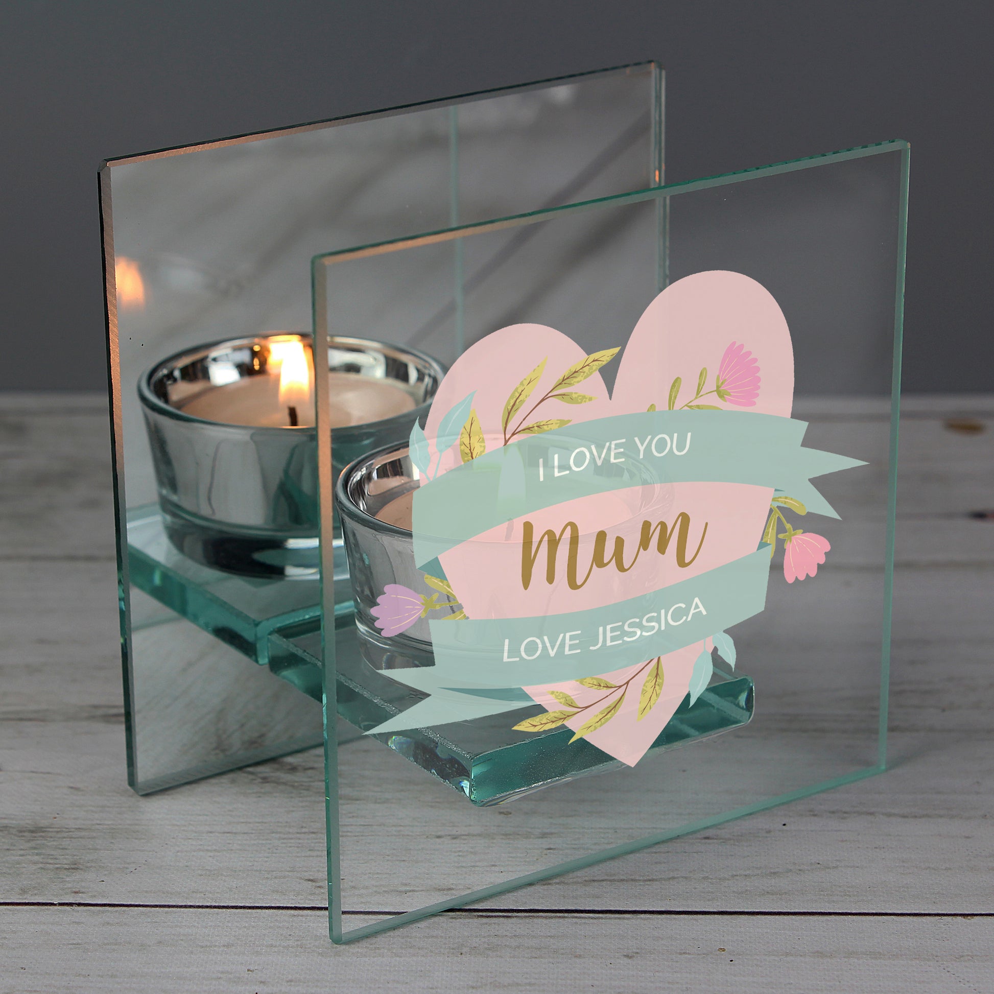 Personalised Floral Heart Mothers Day Mirrored Glass Tea Light Holder - image 5