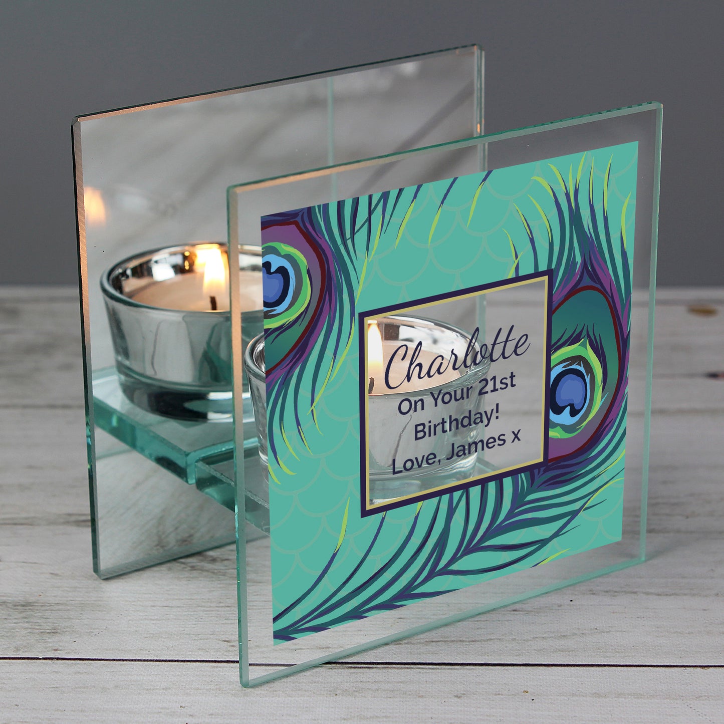 Personalised Peacock Mirrored Glass Tea Light Candle Holder from Heartfelt Gifts