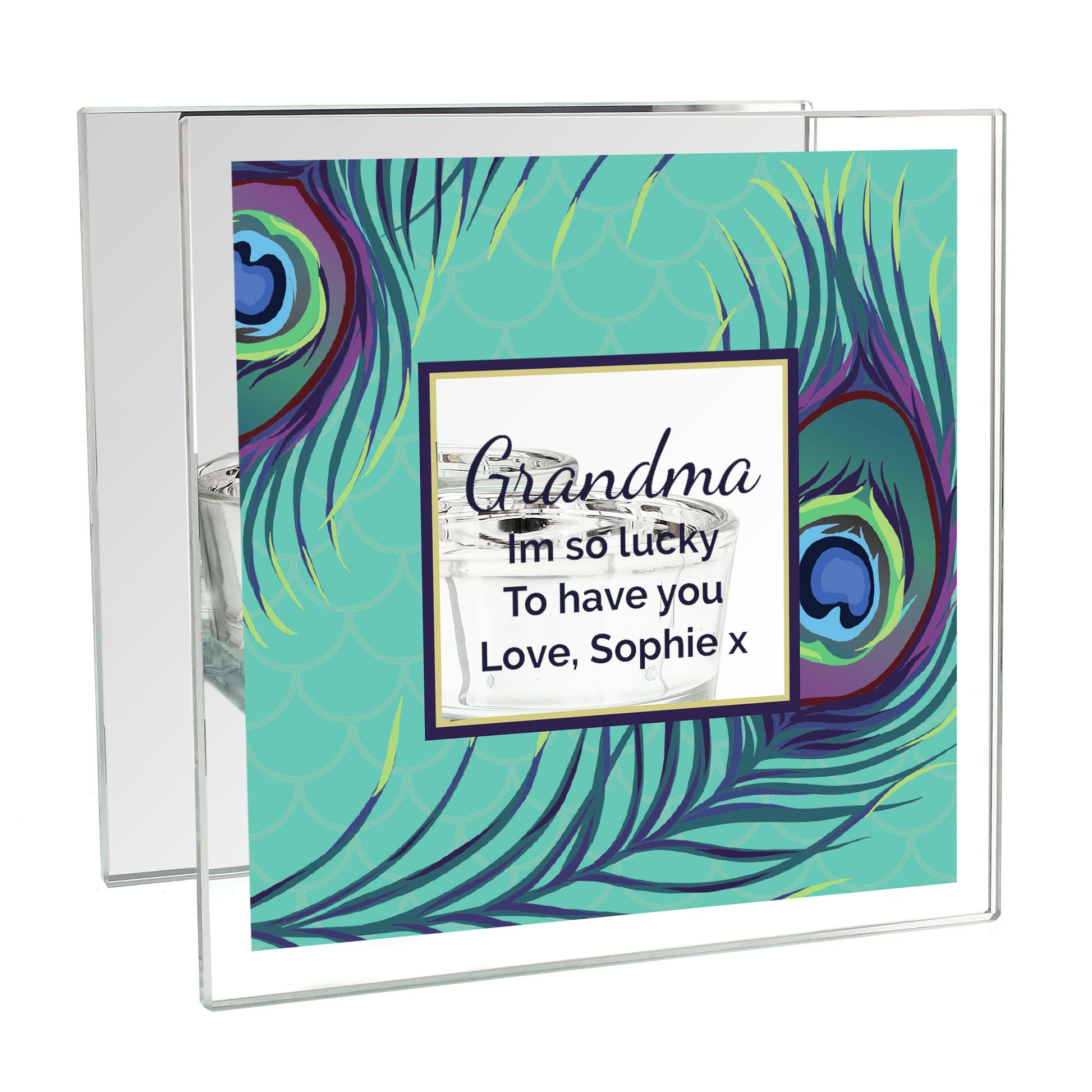 Personalised Peacock Mirrored Glass Tea Light Candle Holder - image 2