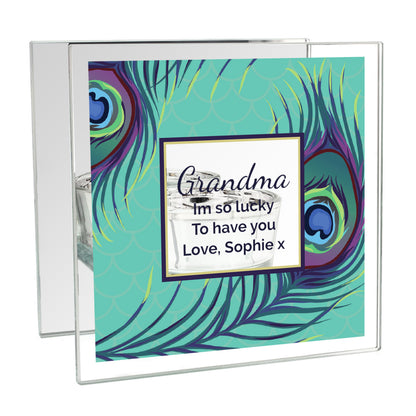 Personalised Peacock Mirrored Glass Tea Light Candle Holder - image 2