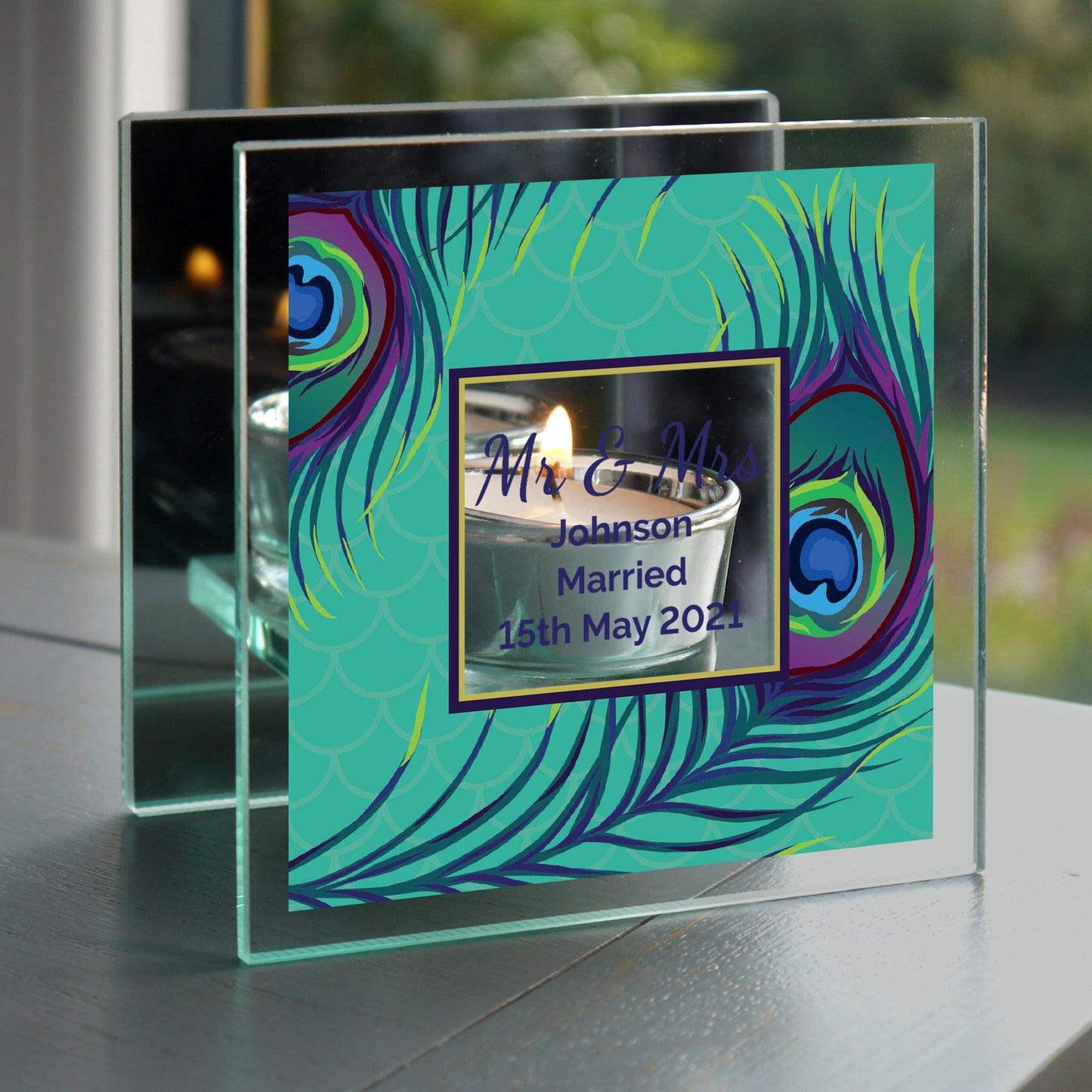 Personalised Peacock Mirrored Glass Tea Light Candle Holder - image 4