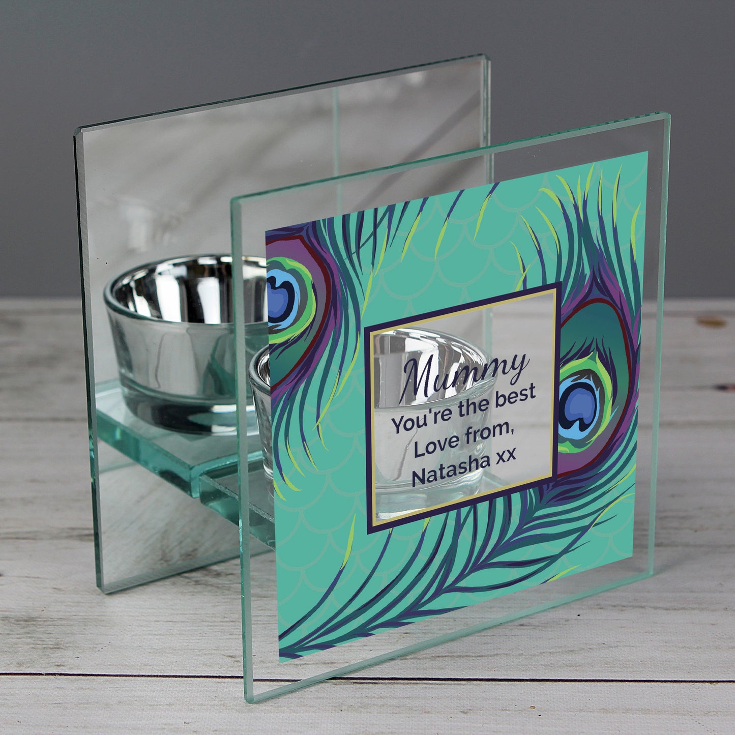 Personalised Peacock Mirrored Glass Tea Light Candle Holder - image 5
