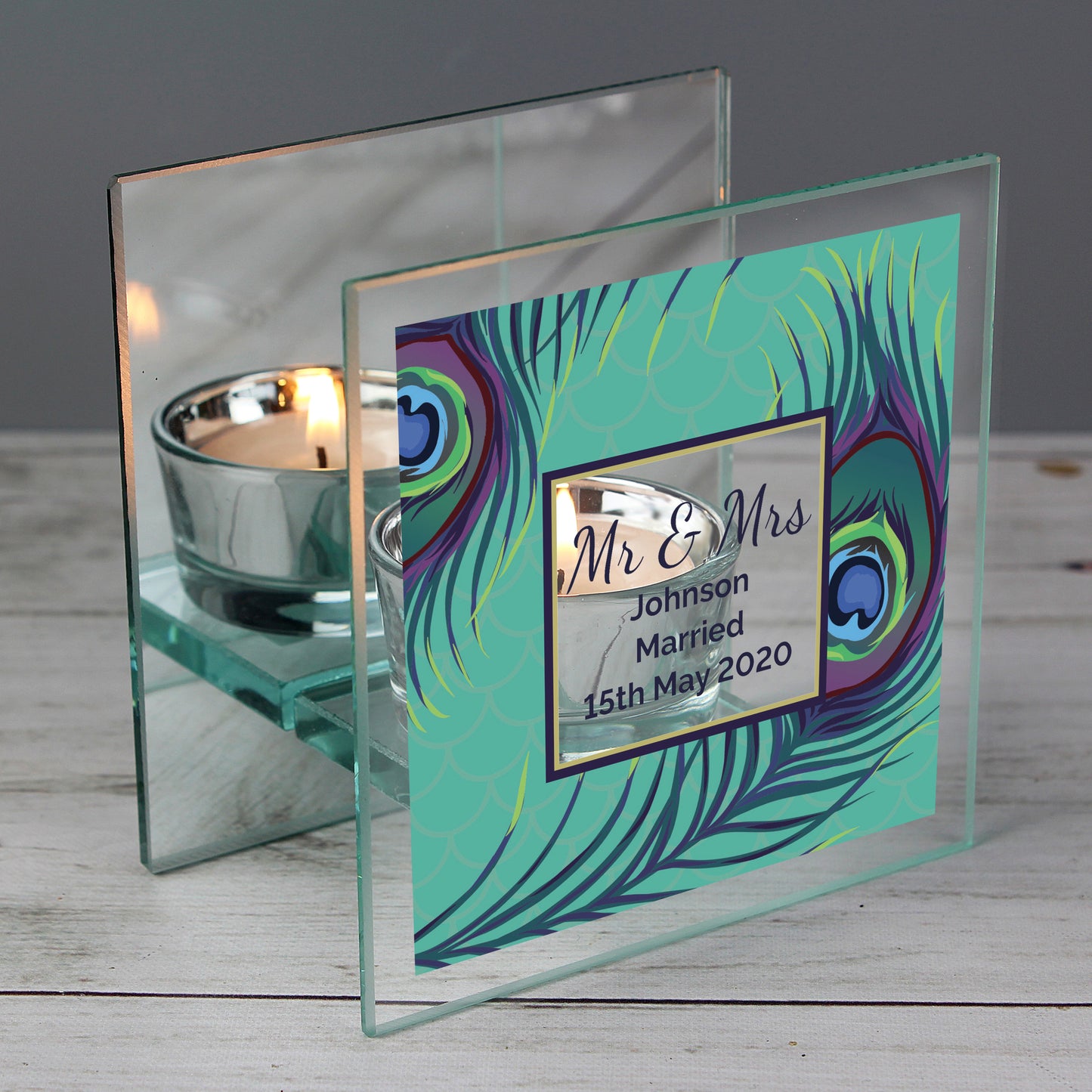 Personalised Peacock Mirrored Glass Tea Light Candle Holder - image 6