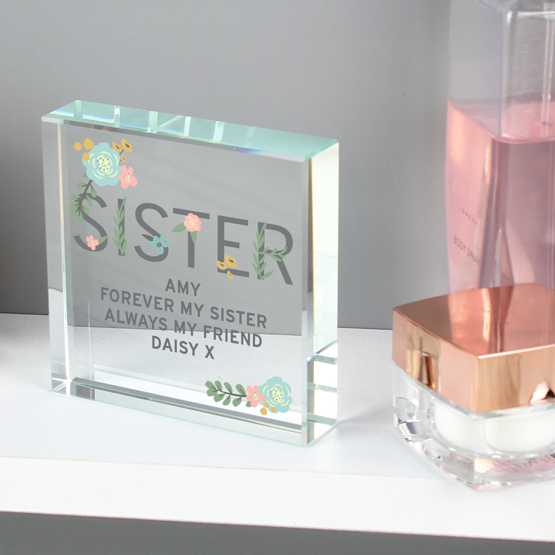Personalised Floral Sister Crystal Token from Heartfelt Gifts