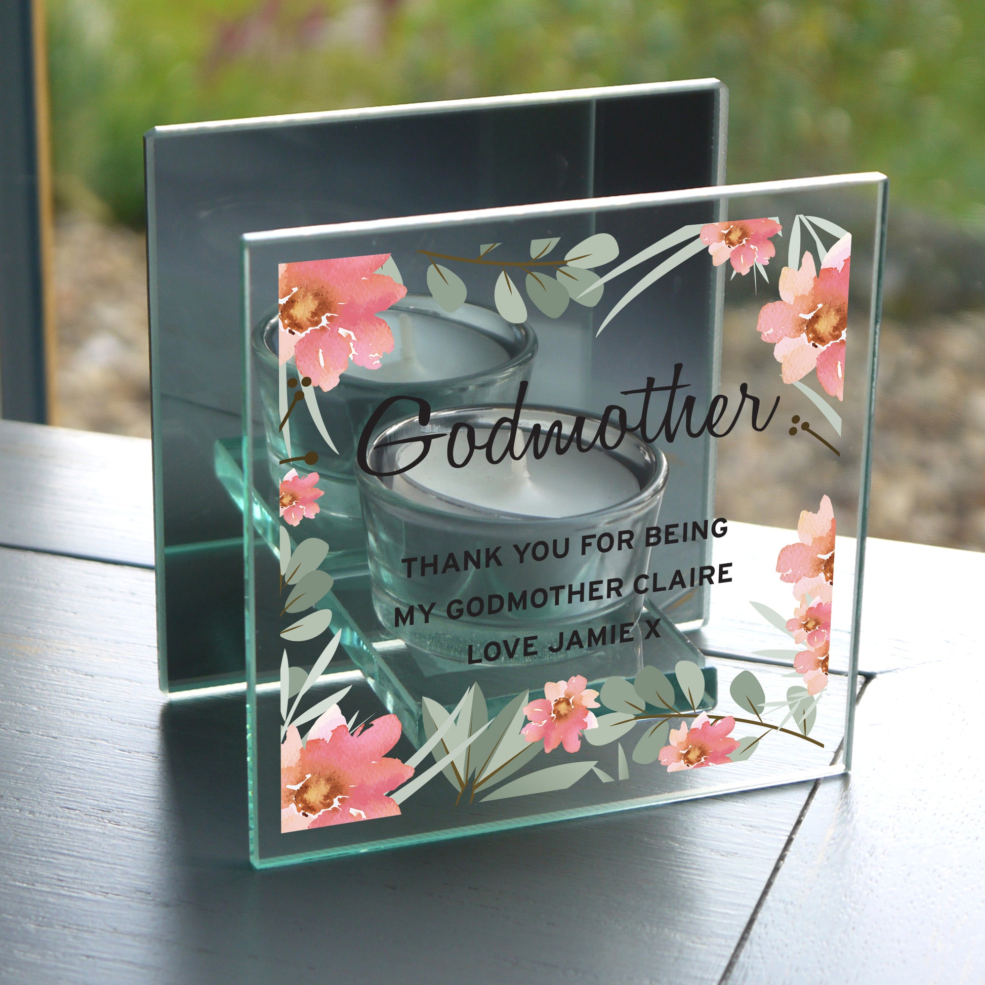 Personalised Floral Sentimental Mirrored Glass Tea Light Candle Holder from Heartfelt Gifts