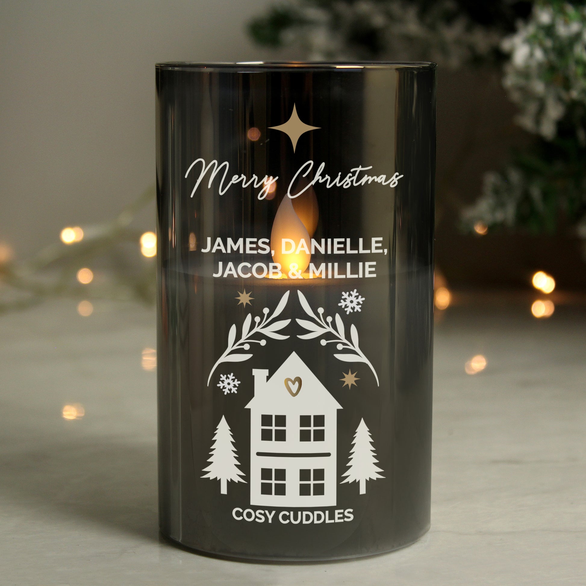 Personalised Christmas House Smoked Glass LED Candle from Heartfelt Gifts