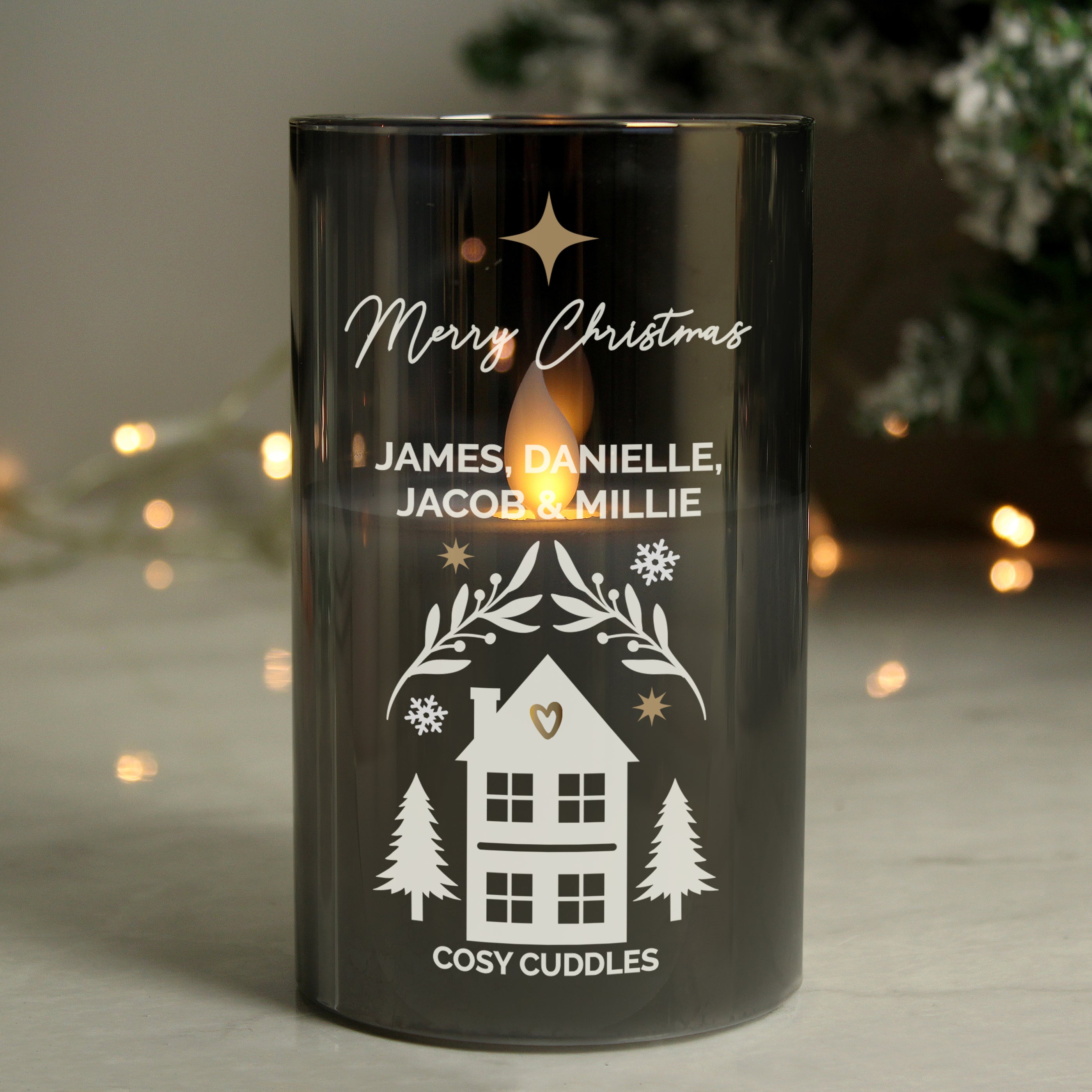Personalised Christmas House Smoked Glass LED Candle from Heartfelt Gifts