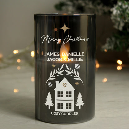 Personalised Christmas House Smoked Glass LED Candle from Heartfelt Gifts