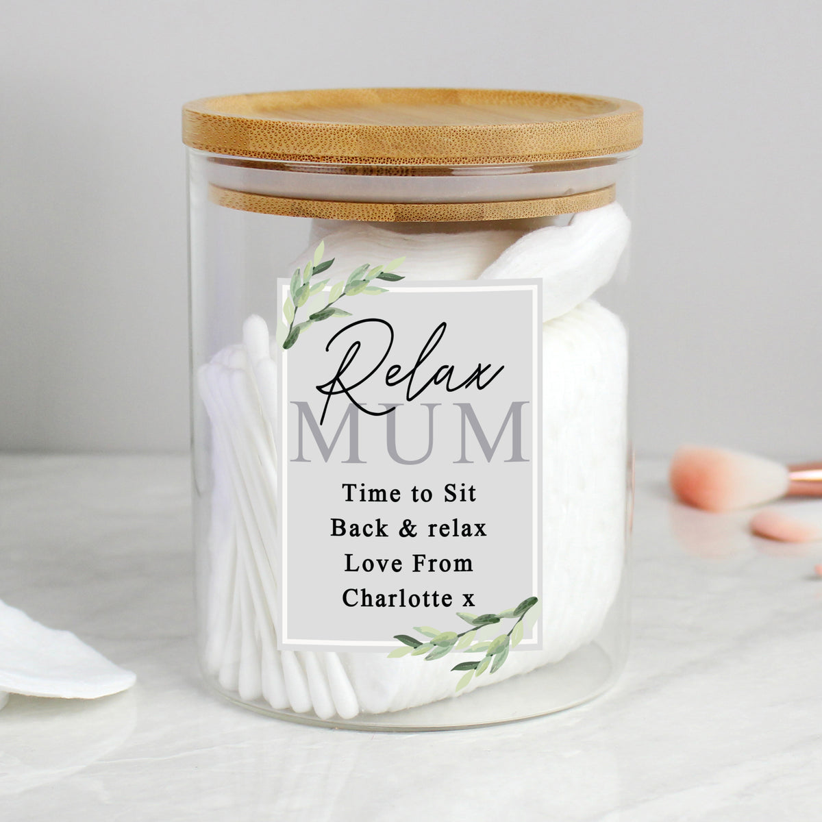 Personalised Botanical Glass Jar with Bamboo Lid from Heartfelt Gifts