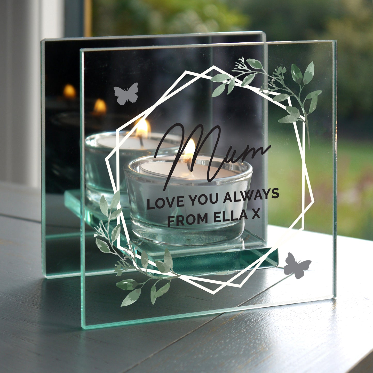 Personalised Botanical Mirrored Glass Tea Light Candle Holder from Heartfelt Gifts