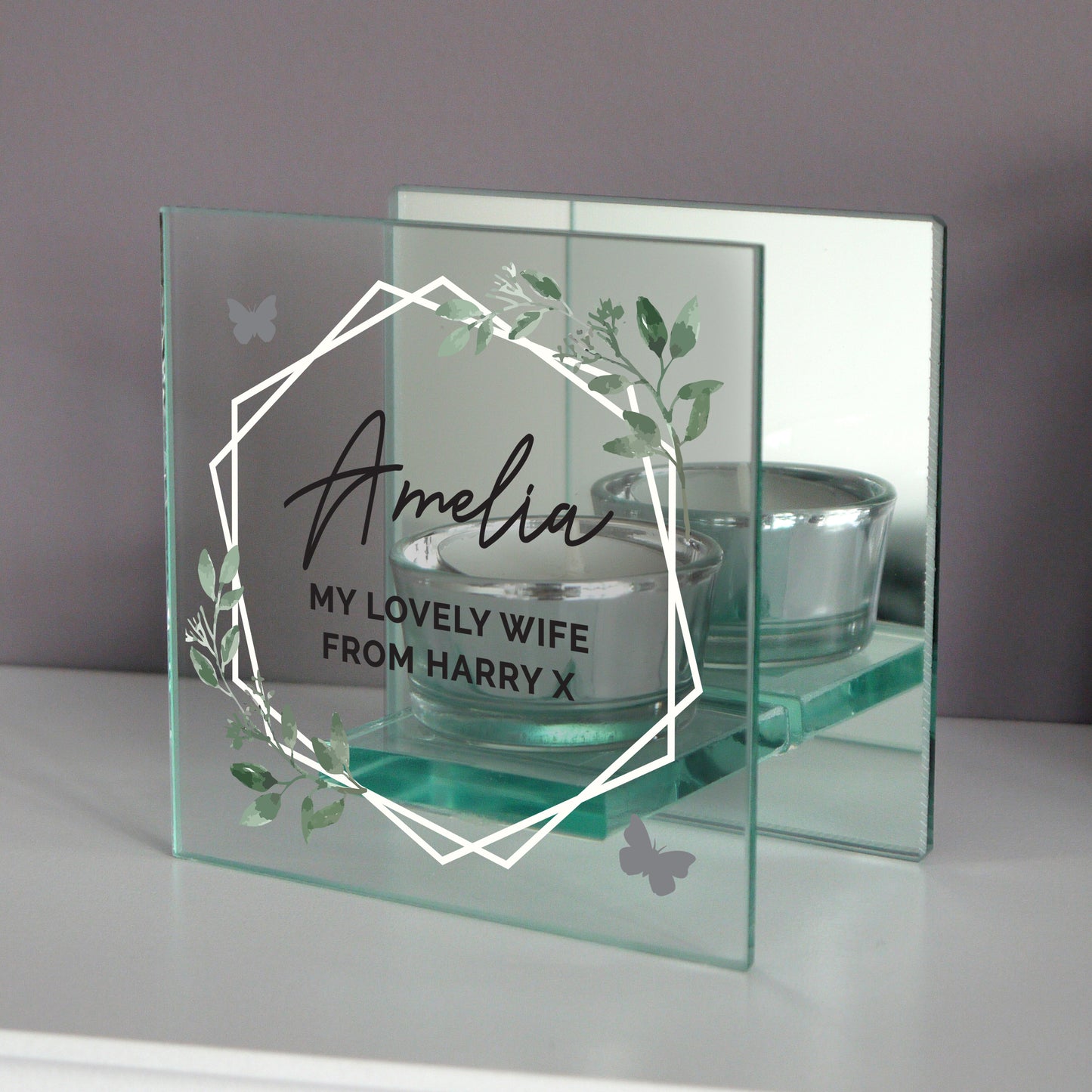 Personalised Botanical Mirrored Glass Tea Light Candle Holder - image 2