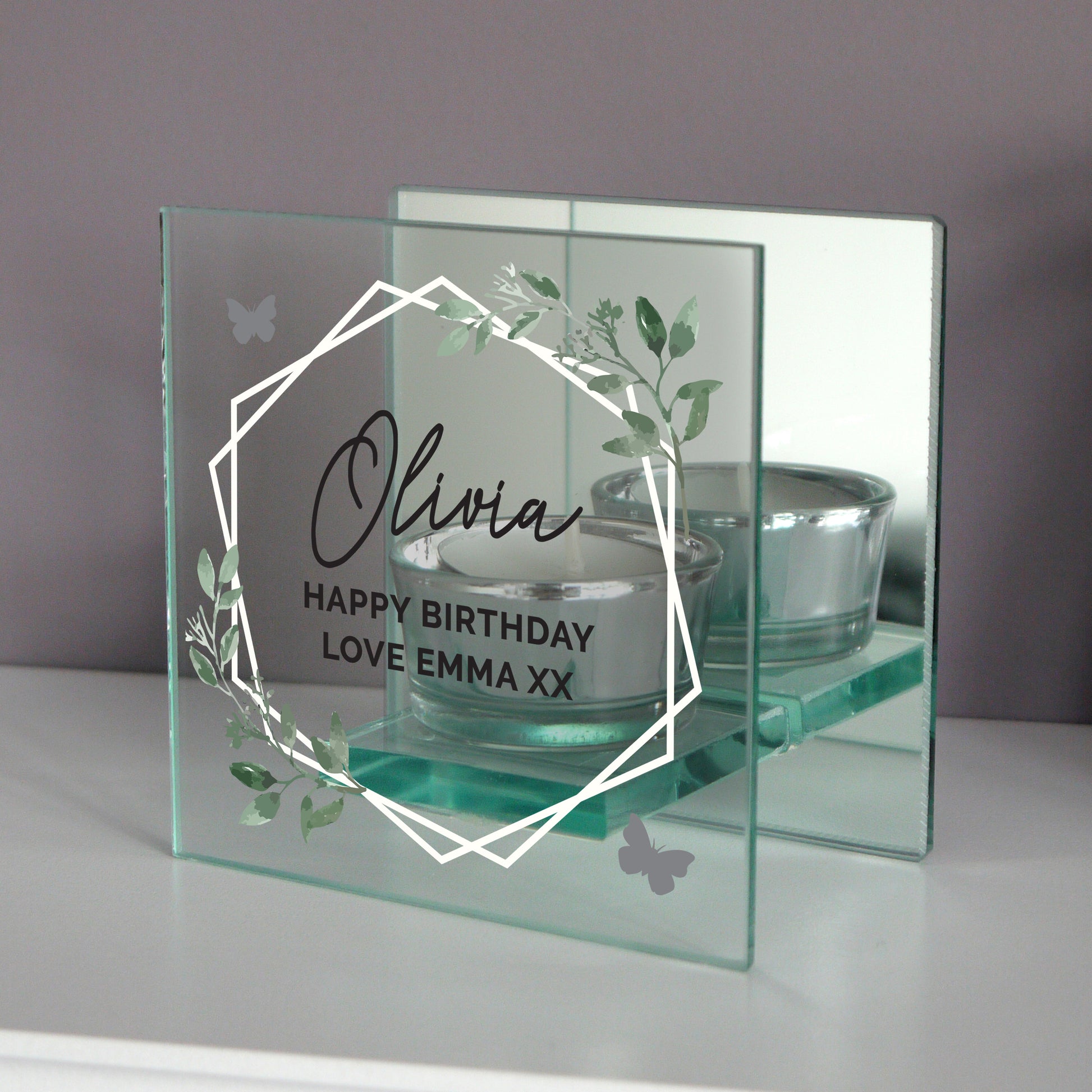 Personalised Botanical Mirrored Glass Tea Light Candle Holder - image 4