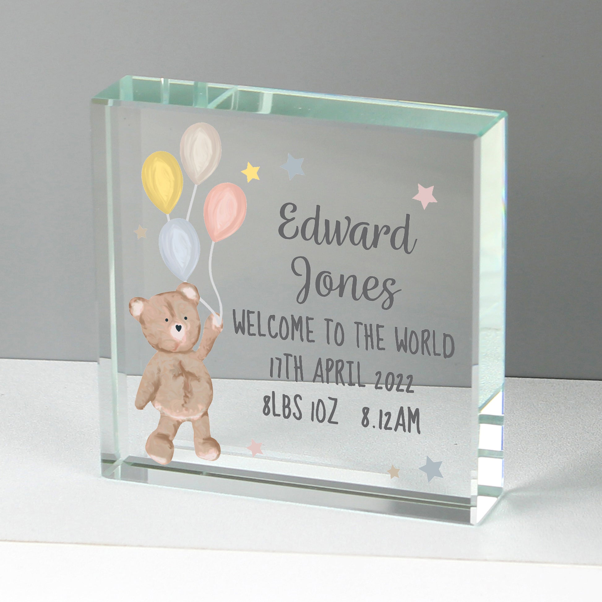 Personalised Teddy & Balloons Crystal Token from Heartfelt Gifts