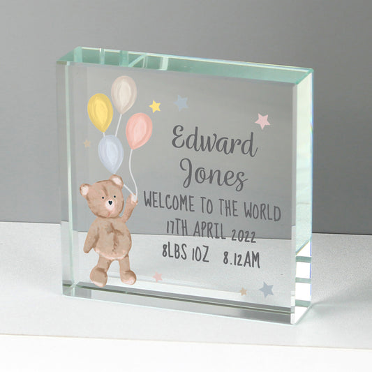 Personalised Teddy & Balloons Crystal Token from Heartfelt Gifts