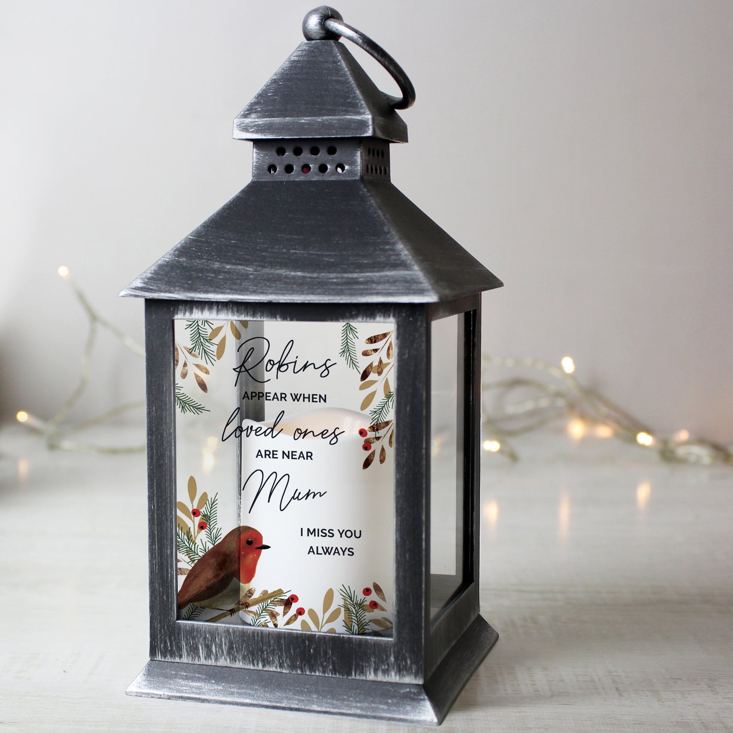 Personalised Robins Appear.. Memorial Black Lantern - image 2