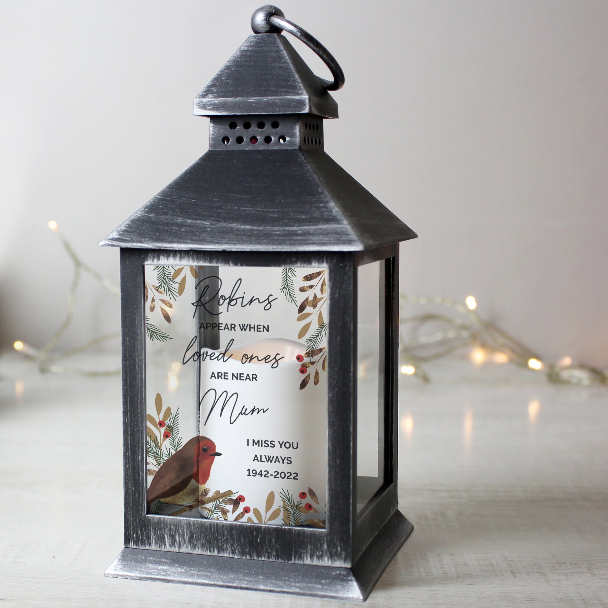 Personalised Robins Appear.. Memorial Black Lantern - image 3