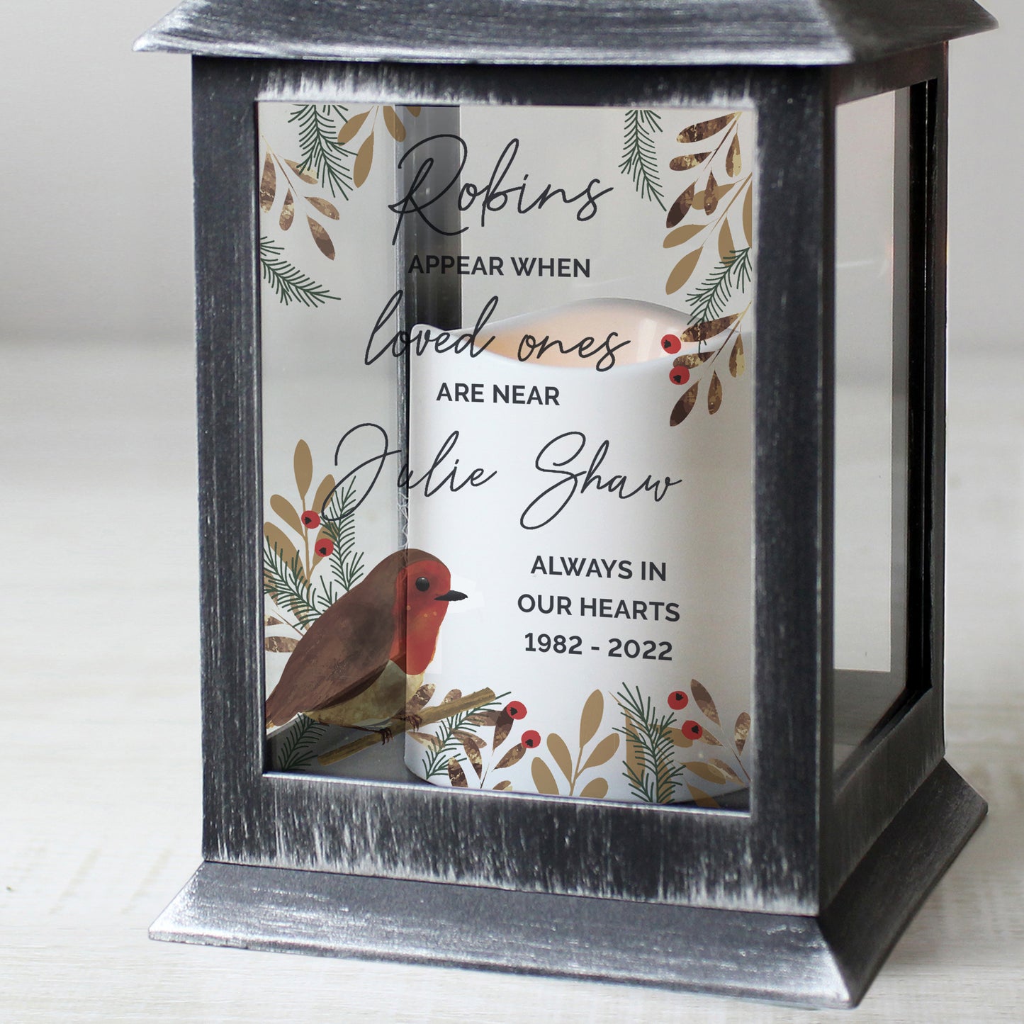 Personalised Robins Appear.. Memorial Black Lantern - image 4