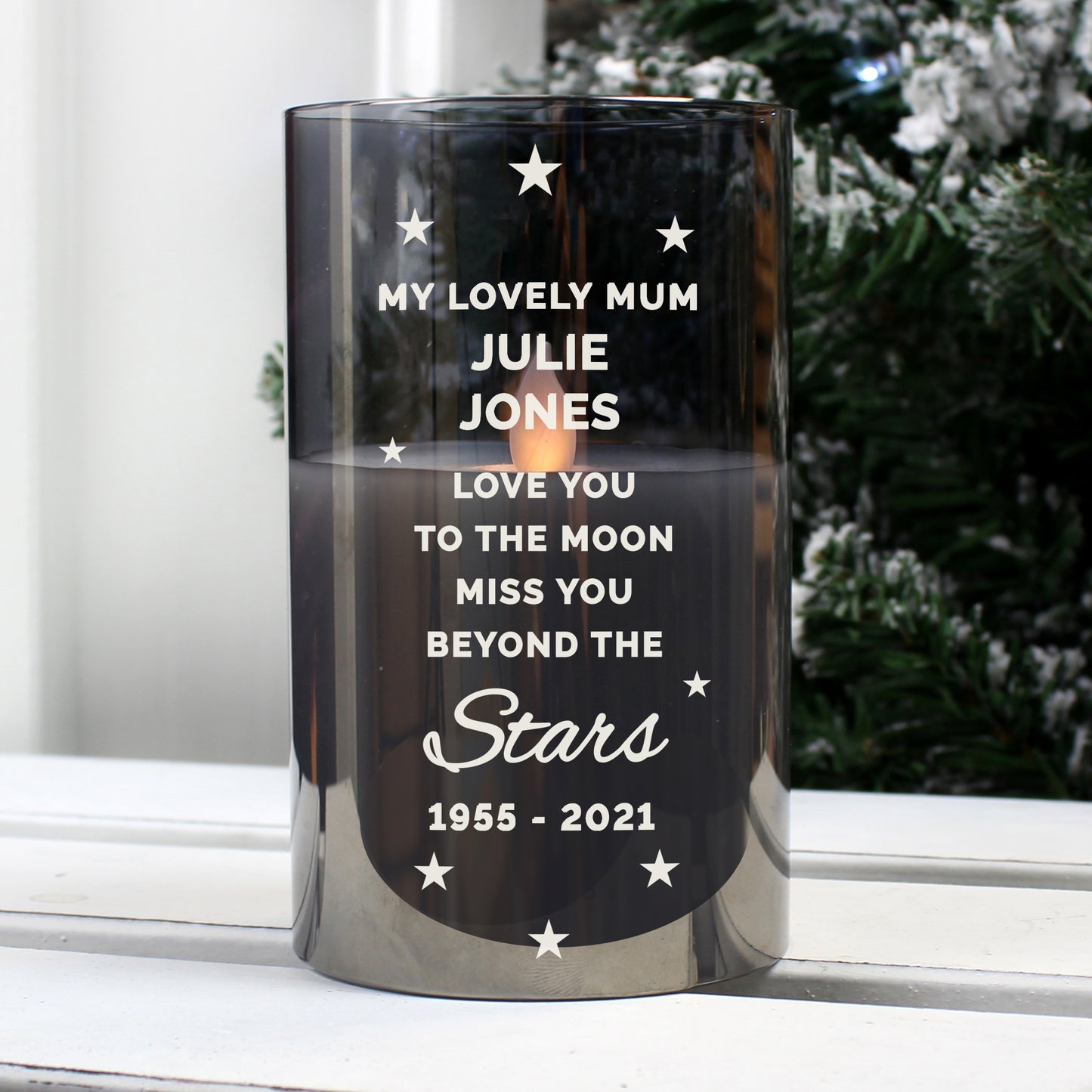Personalised Miss You Beyond The Stars Smoked Glass LED Candle from Heartfelt Gifts