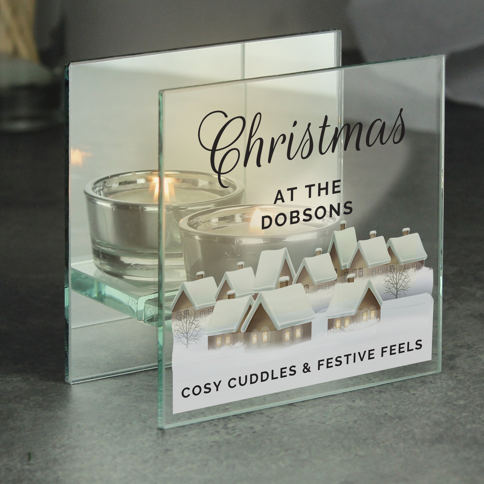 Personalised Christmas Village Mirrored Glass Tea Light Candle Holder from Heartfelt Gifts