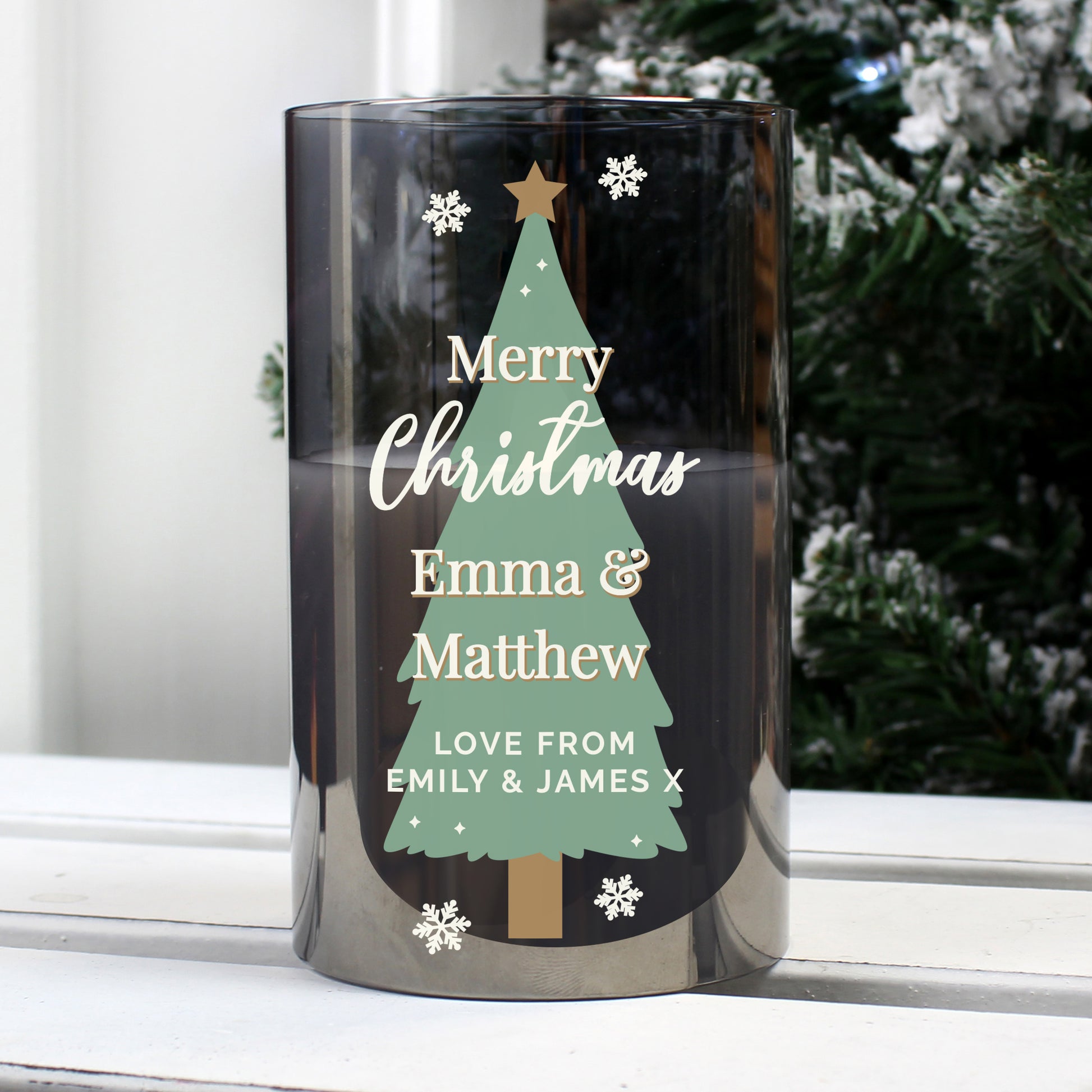 Personalised Christmas Tree Smoked Glass LED Candle from Heartfelt Gifts