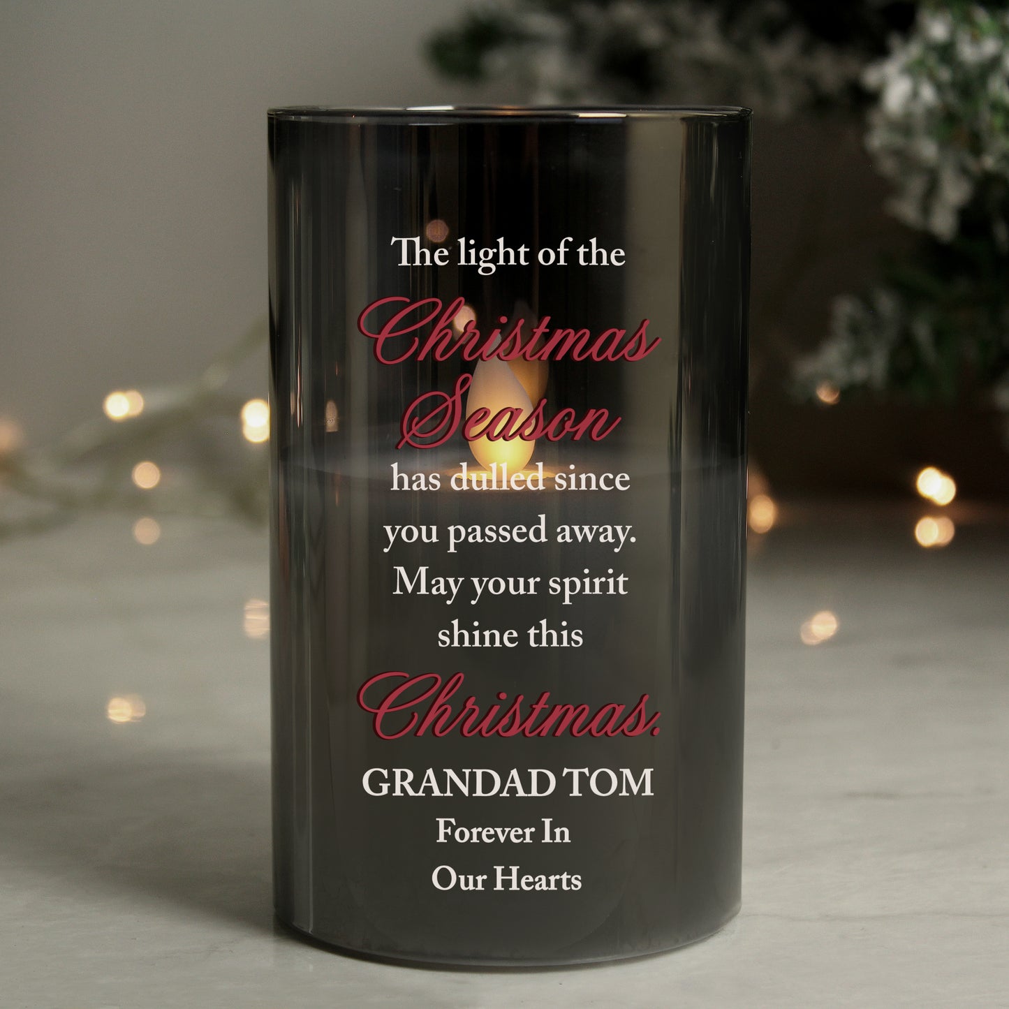 Personalised Christmas Season Memorial Smoked LED Candle from Heartfelt Gifts