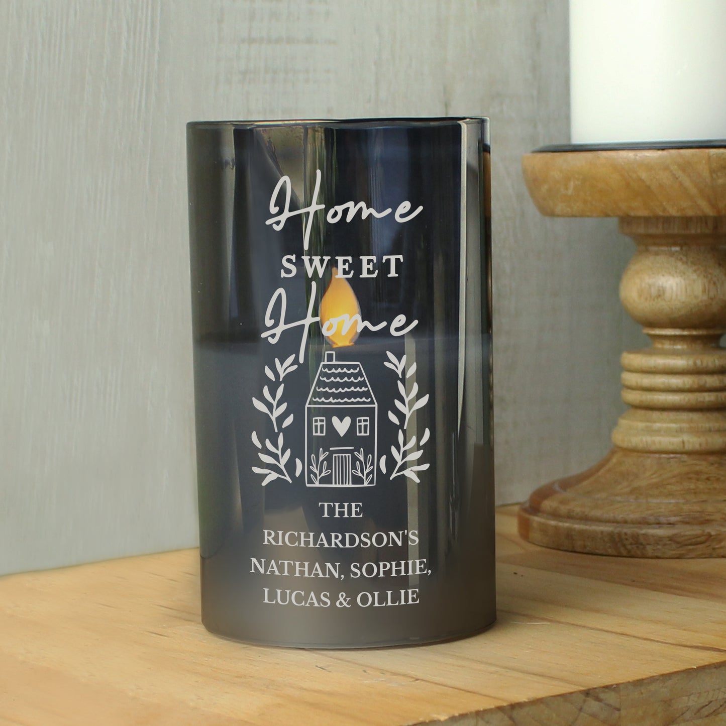 Personalised HOME Smoked Glass LED Candle from Heartfelt Gifts