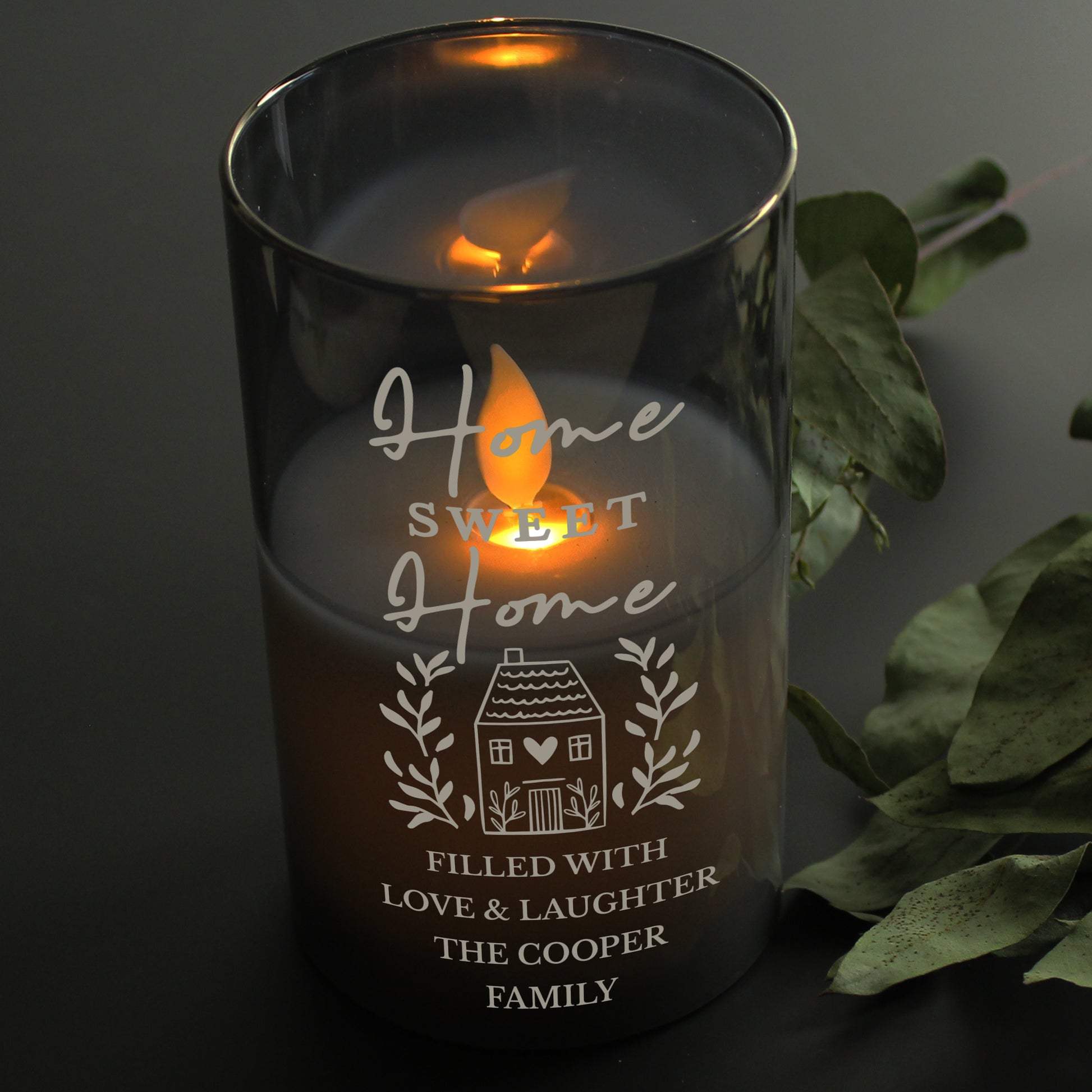 Personalised HOME Smoked Glass LED Candle - image 2