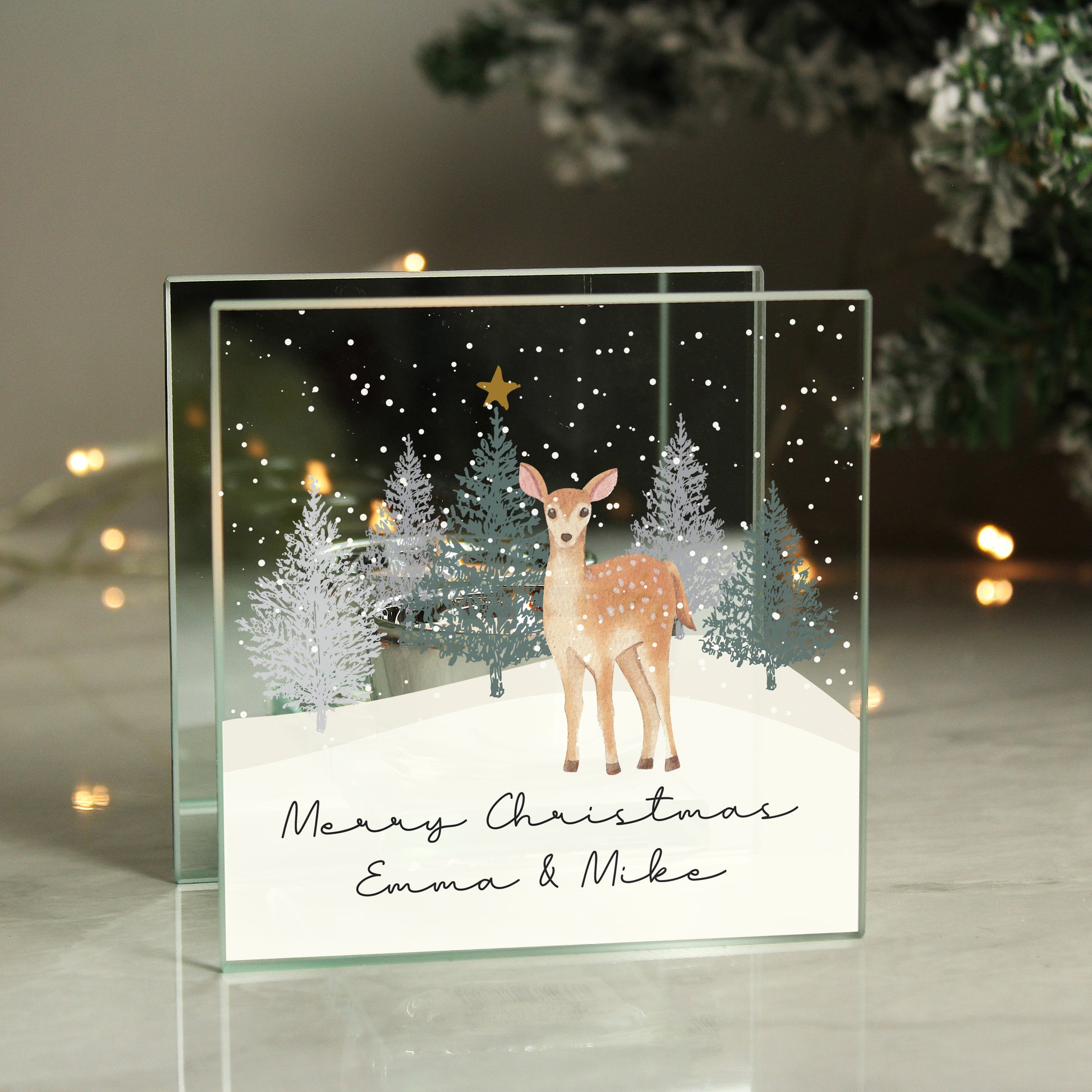 Personalised Christmas Deer Glass Tea Light Candle Holder from Heartfelt Gifts