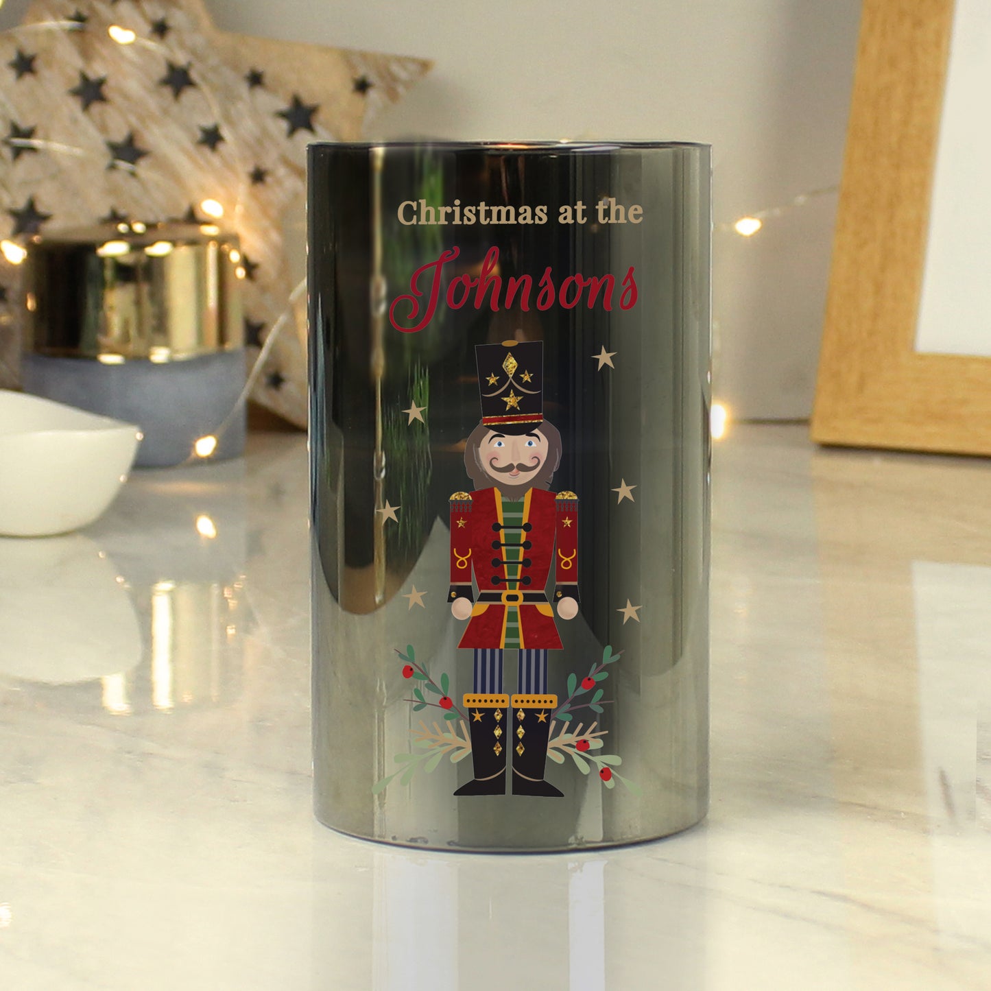 Personalised Christmas Nutcracker Smoked LED Candle from Heartfelt Gifts
