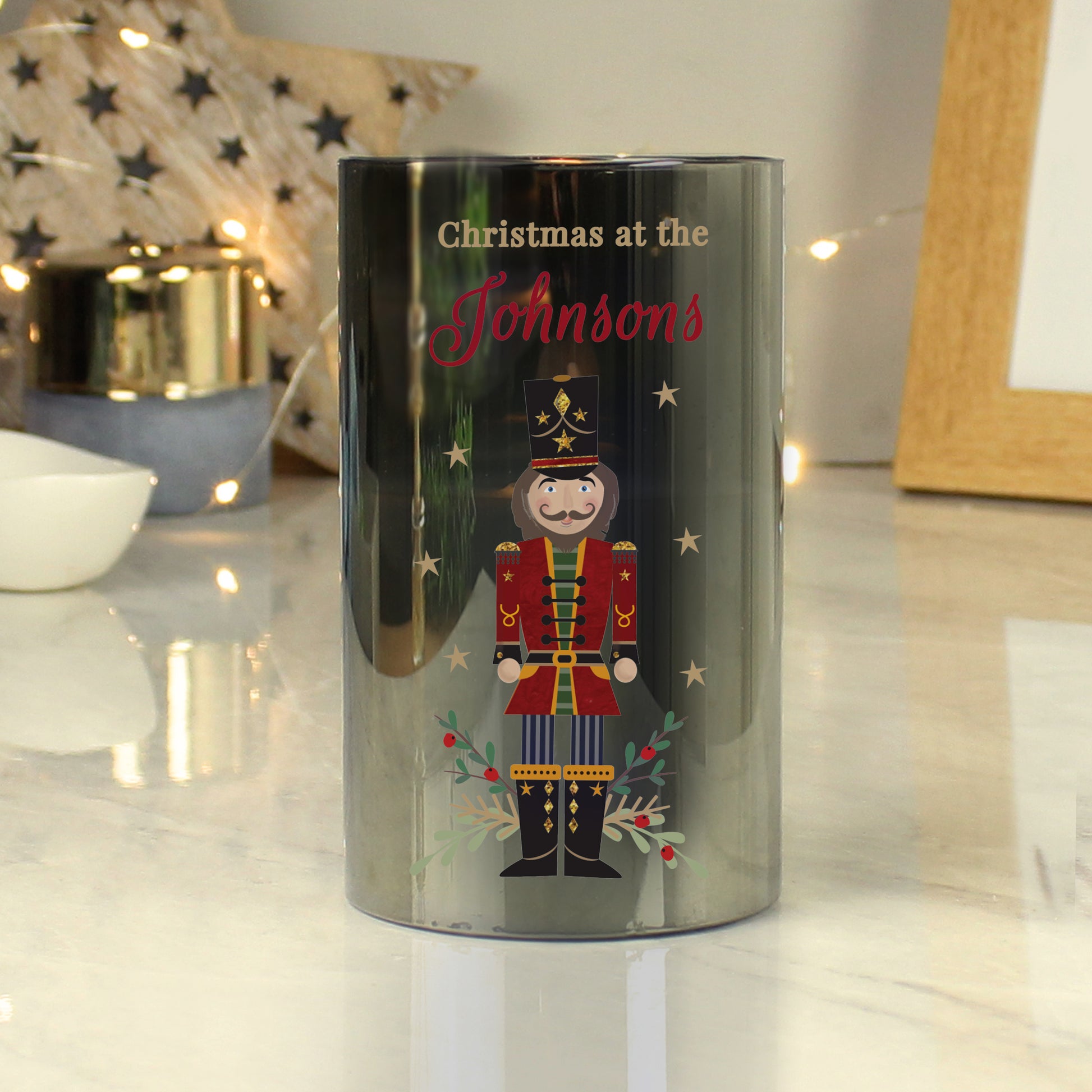 Personalised Christmas Nutcracker Smoked LED Candle from Heartfelt Gifts