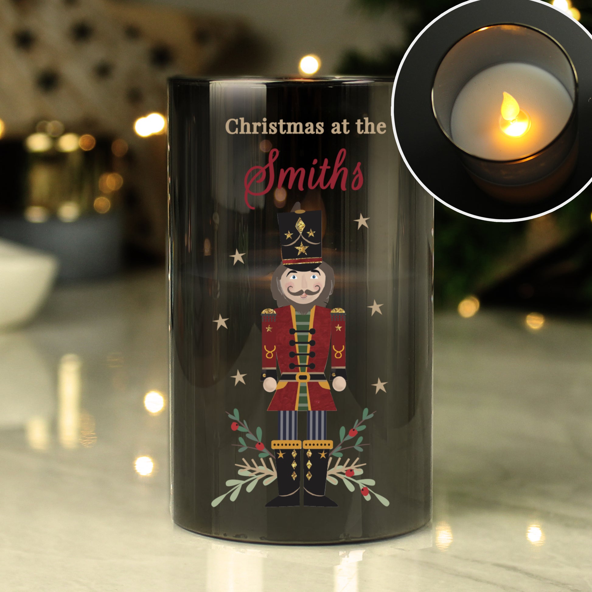 Personalised Christmas Nutcracker Smoked LED Candle - image 2