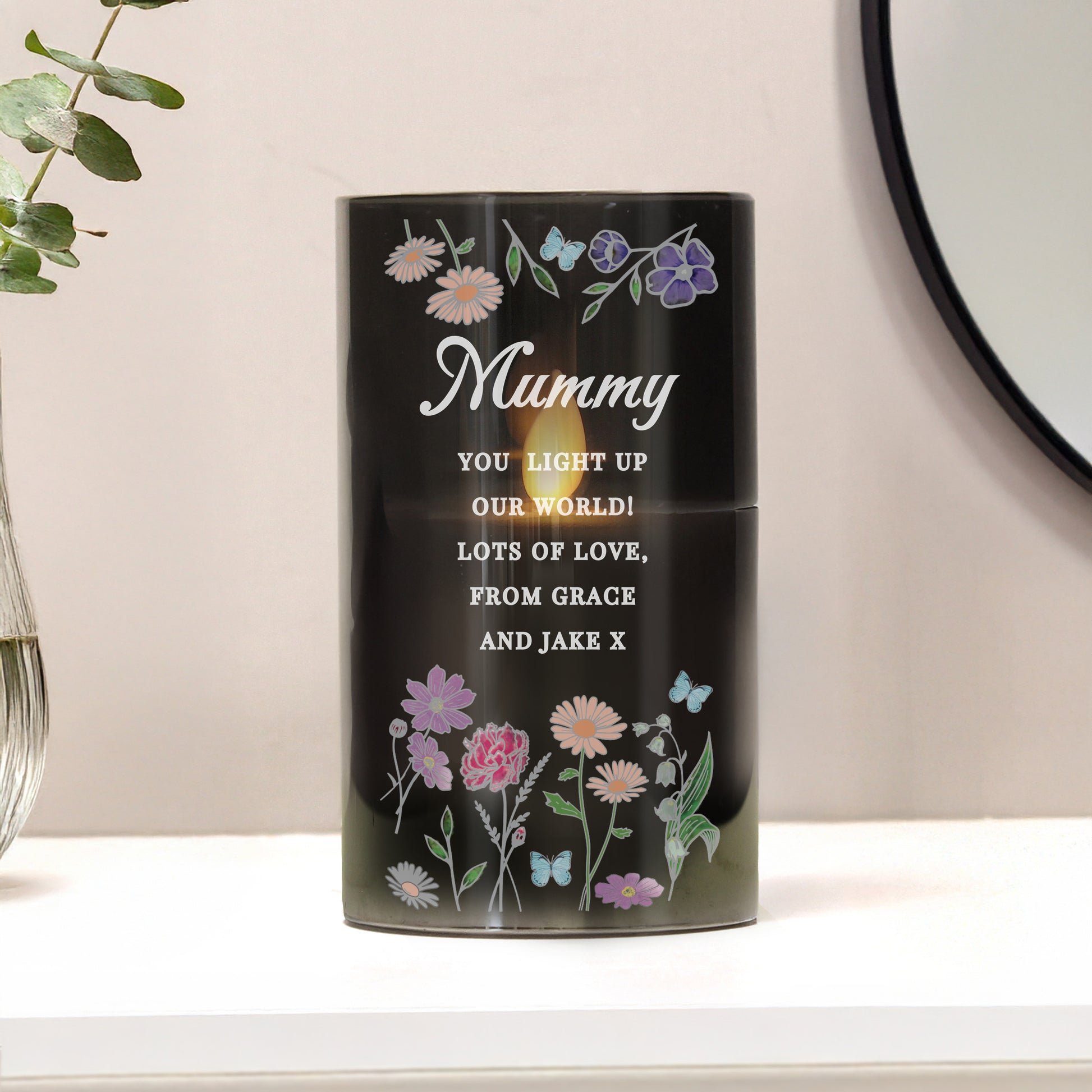 Personalised Wild Flowers Smoked Glass LED Candle from Heartfelt Gifts