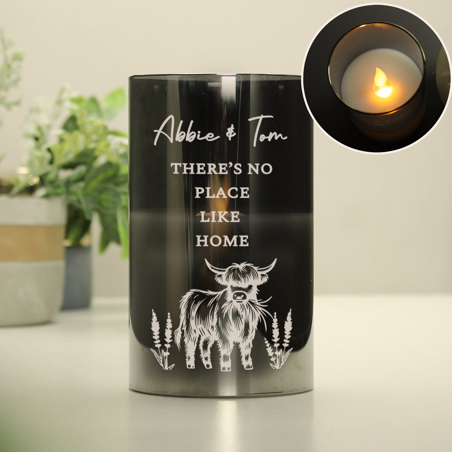 Personalised Highland Cow Glass LED Candle – Flameless Home Gift