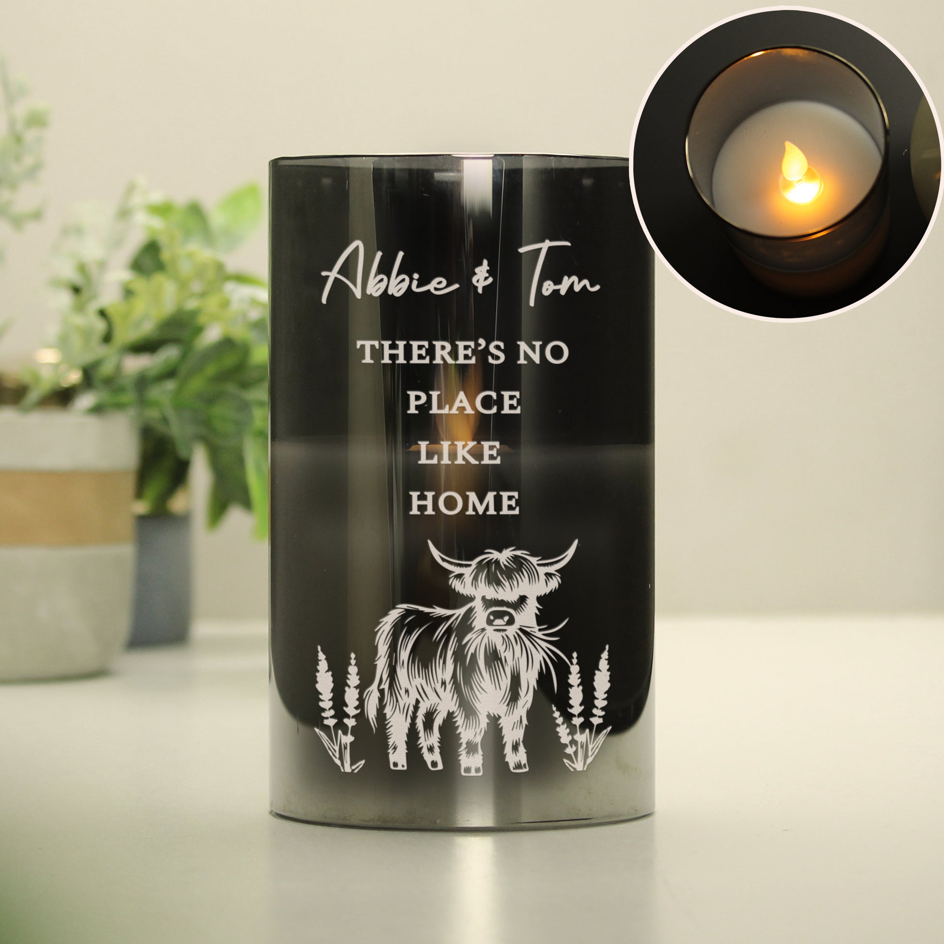 Personalised Highland Cow Glass LED Candle – Flameless Home Gift