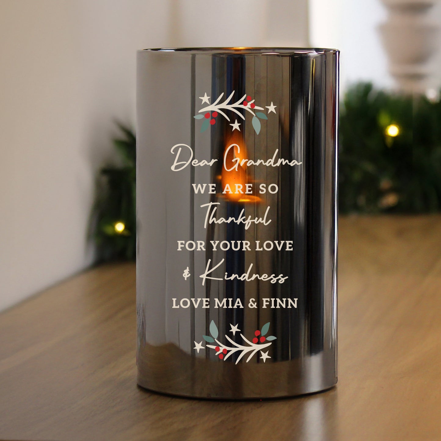 Personalised Christmas Smoked Glass LED Candle – Christmas Home Decor Gift - image 3