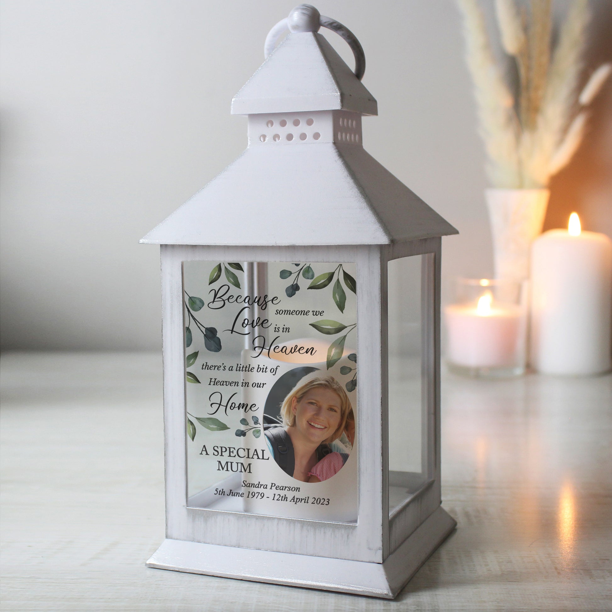 Personalised Botanical Memorial Photo Upload White Lantern - image 2