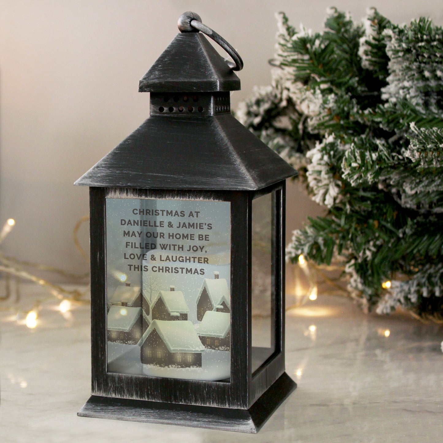 Personalised Christmas Town Black Lantern from Heartfelt Gifts