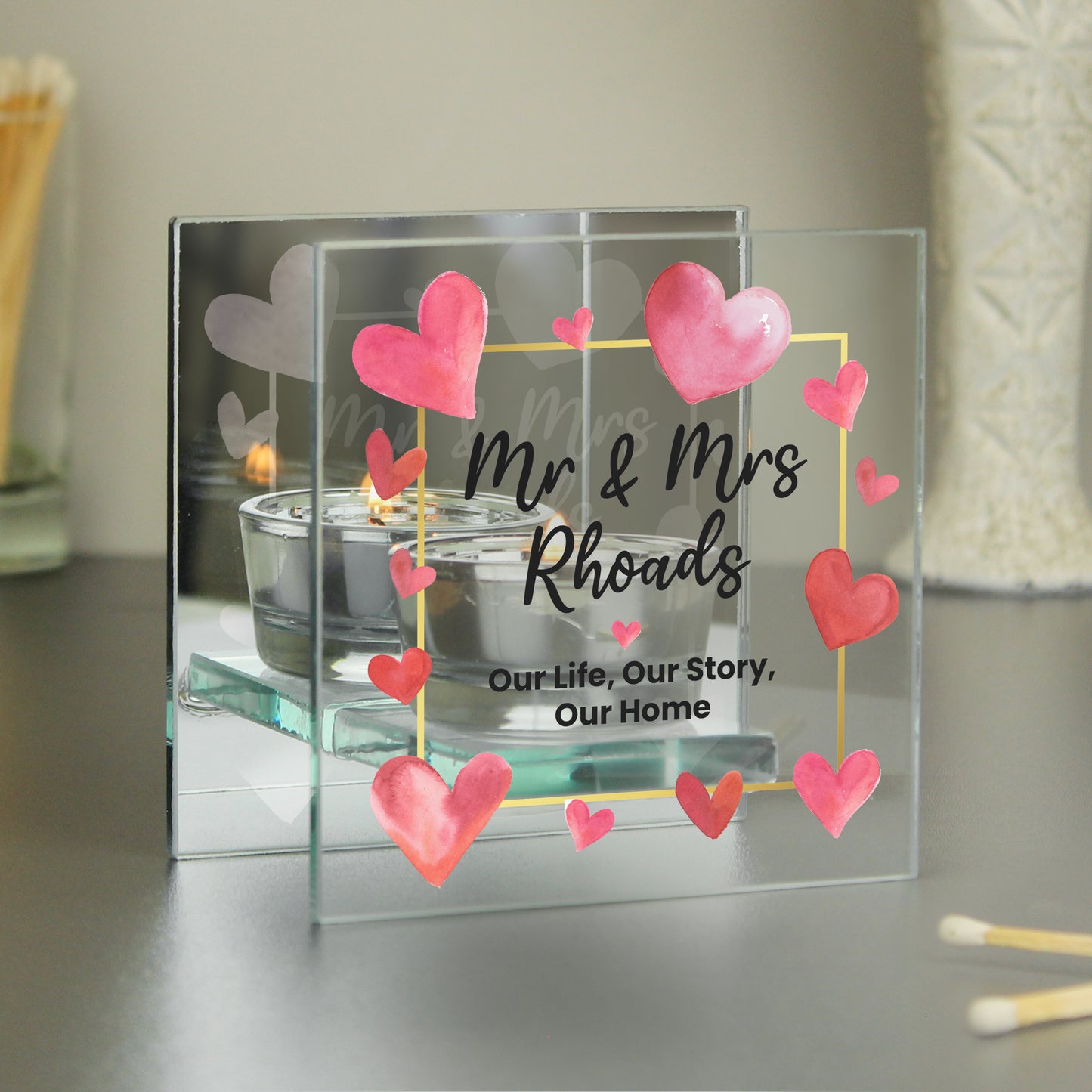 Personalised Hearts Mirrored Glass Tealight Holder - image 2