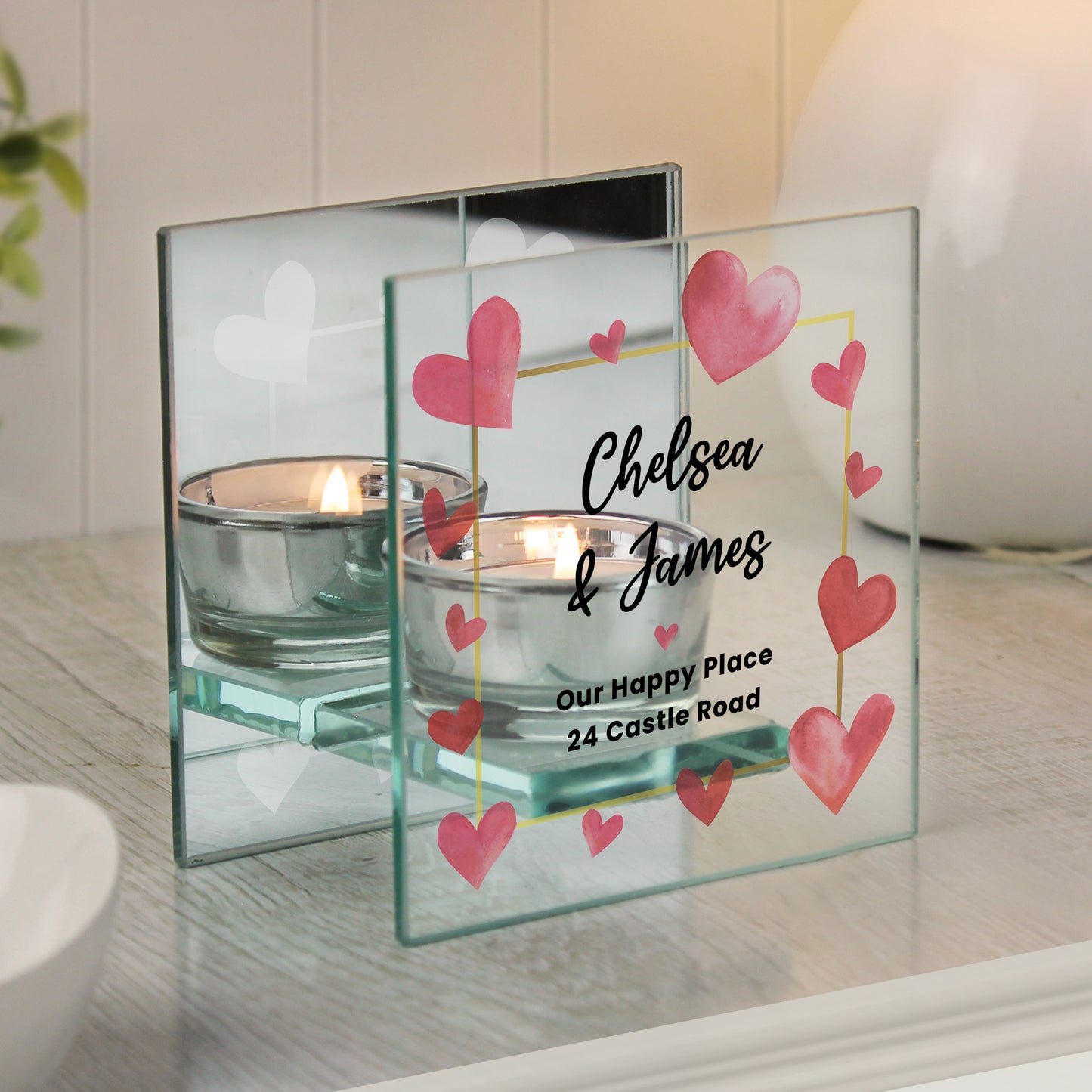 Personalised Hearts Mirrored Glass Tealight Holder - image 3