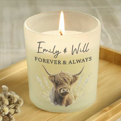 Personalised Highland Cow Frosted Glass Candle – Vanilla Scented Gift